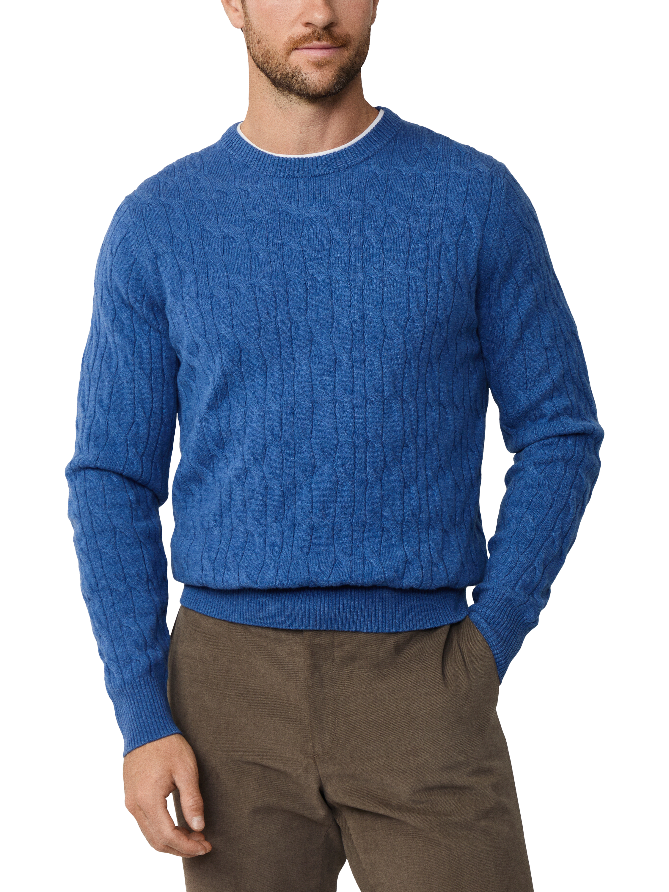Product image 1 of 7, which shows Hackett London Classic Cable Crew Neck Wool Jumper, Denim Blue, XS