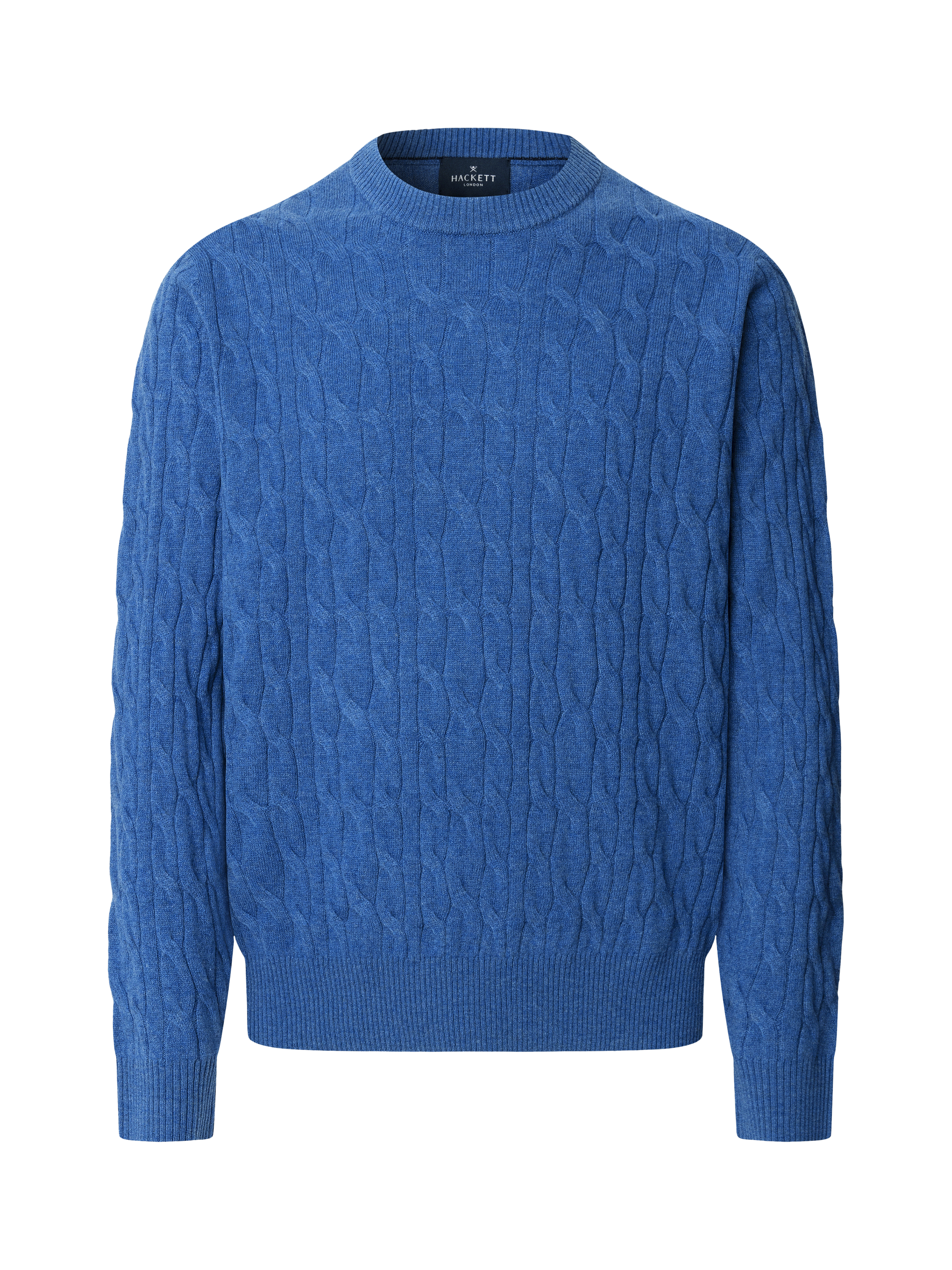 Product image 4 of 7, which shows Hackett London Classic Cable Crew Neck Wool Jumper, Denim Blue, XS