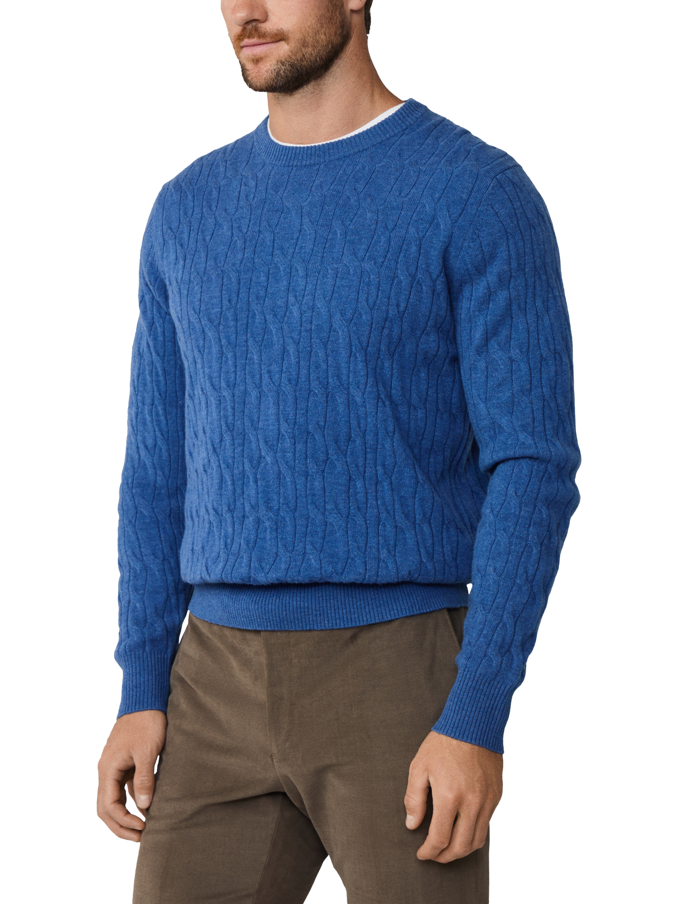 Product image 6 of 7, which shows Hackett London Classic Cable Crew Neck Wool Jumper, Denim Blue, XS