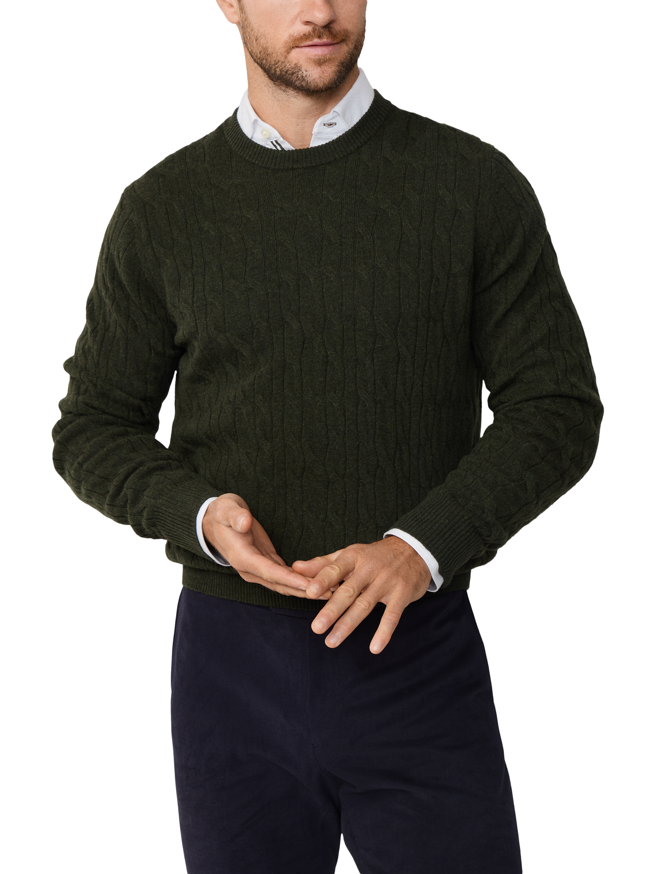 Product image 1 of 7, which shows Hackett London Classic Cable Crew Neck Wool Jumper, Hunter Green, XS