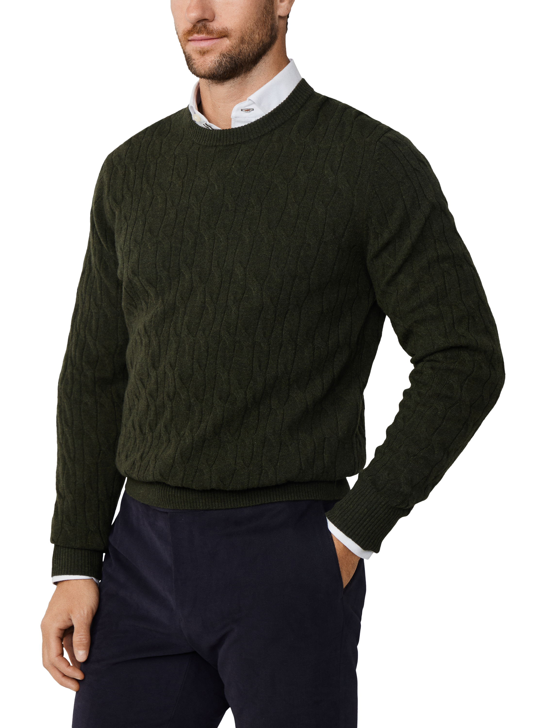 Product image 6 of 7, which shows Hackett London Classic Cable Crew Neck Wool Jumper, Hunter Green, XS