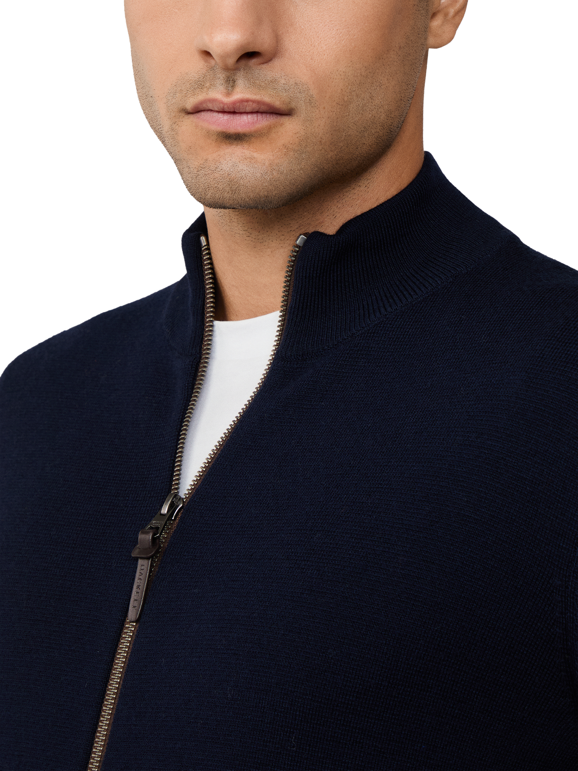 Product image 4 of 6, which shows Hackett London Wool High Neck Zip Jersey Cardigan, Midnight Blue, XXL