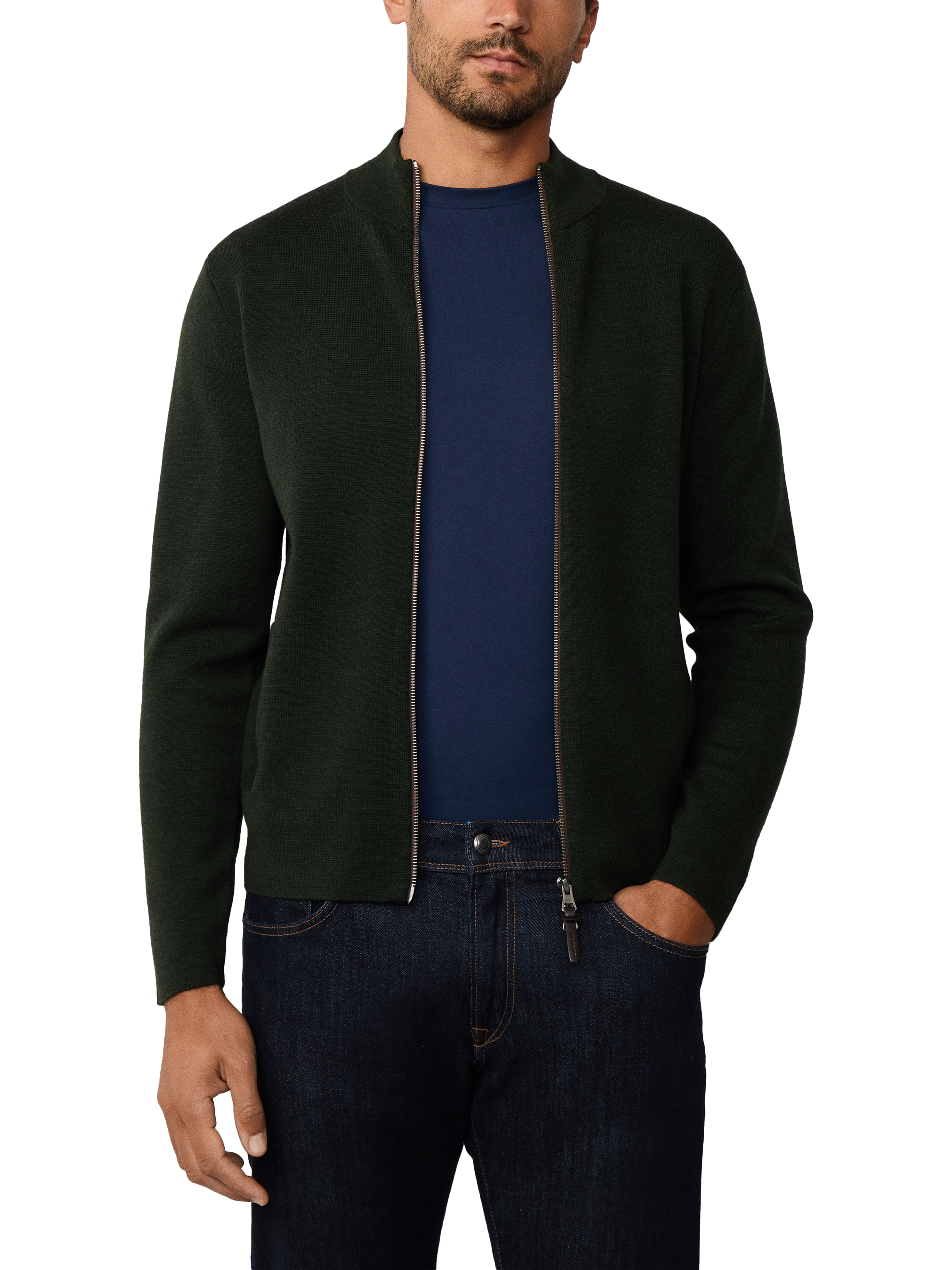 Product image 1 of 3, which shows Hackett London Wool Zip Neck Jersey Cardigan, Hunter Green, XXL
