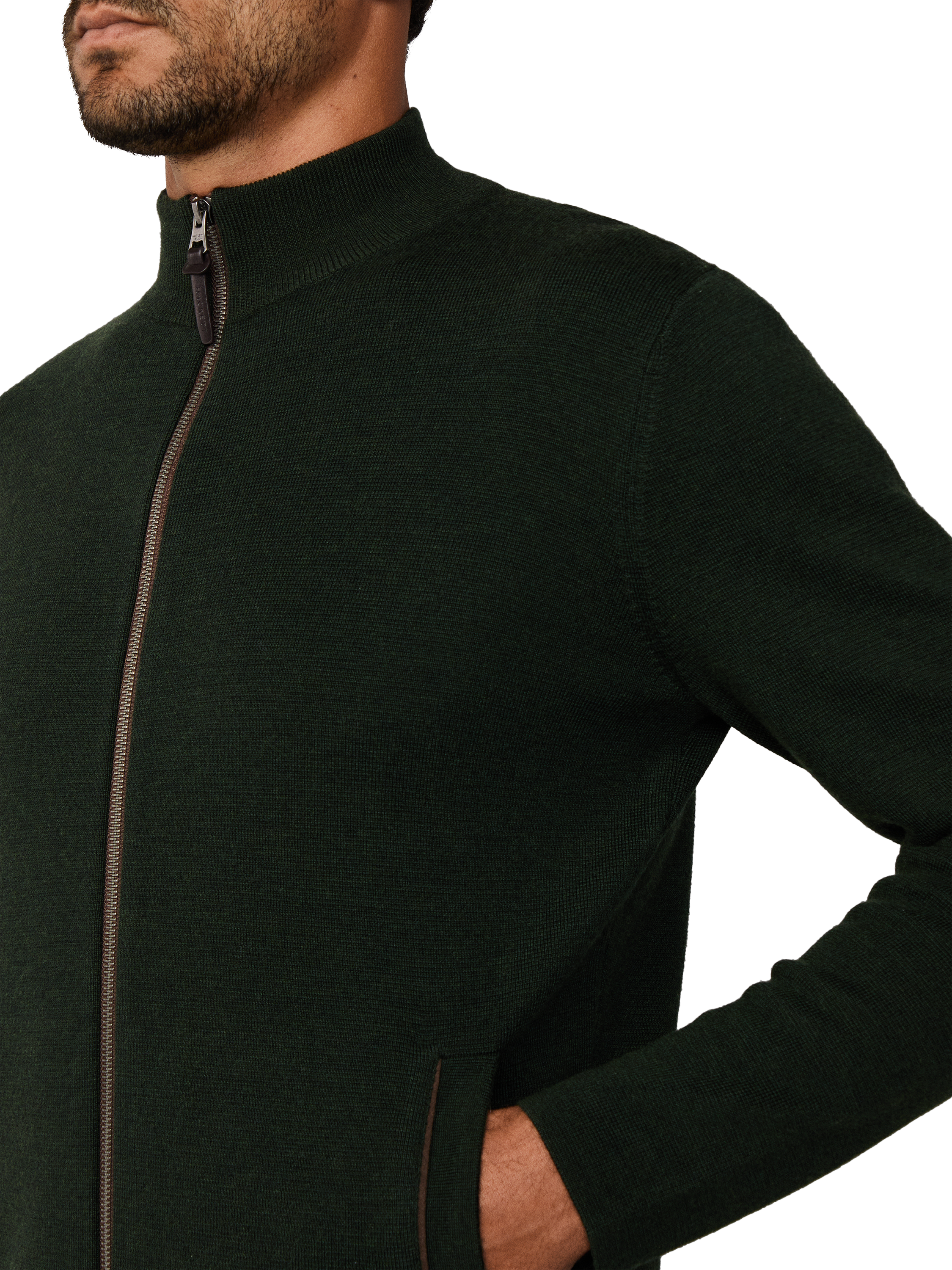 Product image 2 of 3, which shows Hackett London Wool Zip Neck Jersey Cardigan, Hunter Green, XXL