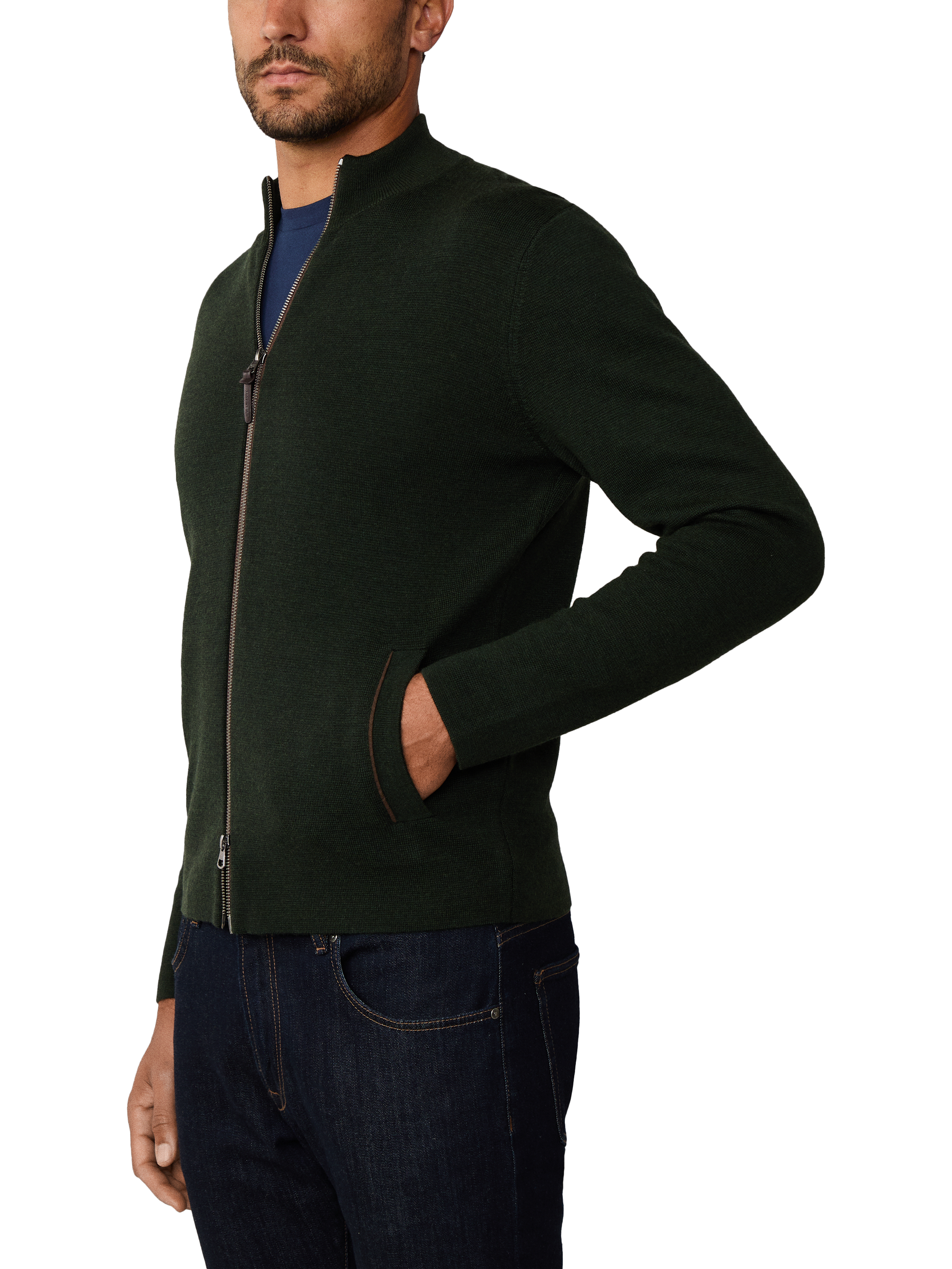 Product image 3 of 3, which shows Hackett London Wool Zip Neck Jersey Cardigan, Hunter Green, XXL