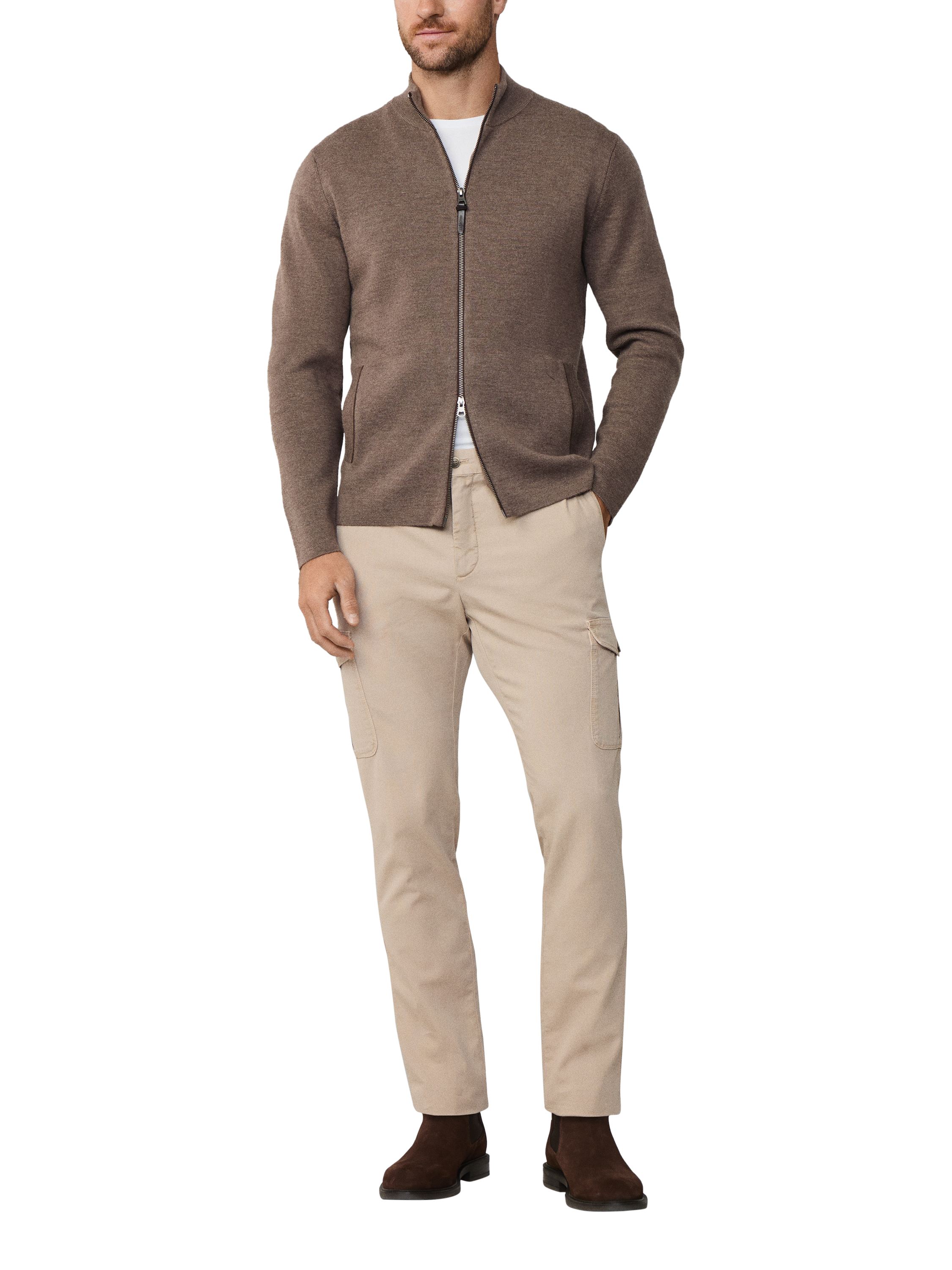 Product image 2 of 5, which shows Hackett London Wool High Neck Zip Jersey Cardigan, Walnut Brown, XXL