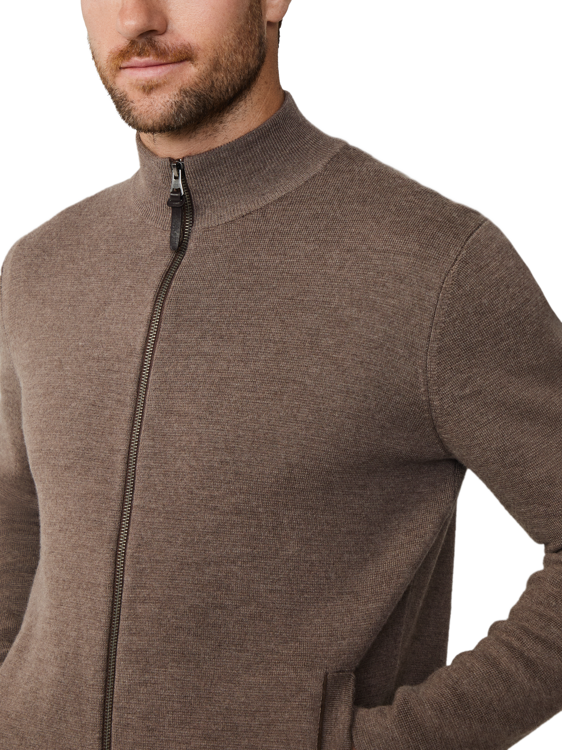 Product image 4 of 5, which shows Hackett London Wool High Neck Zip Jersey Cardigan, Walnut Brown, XXL