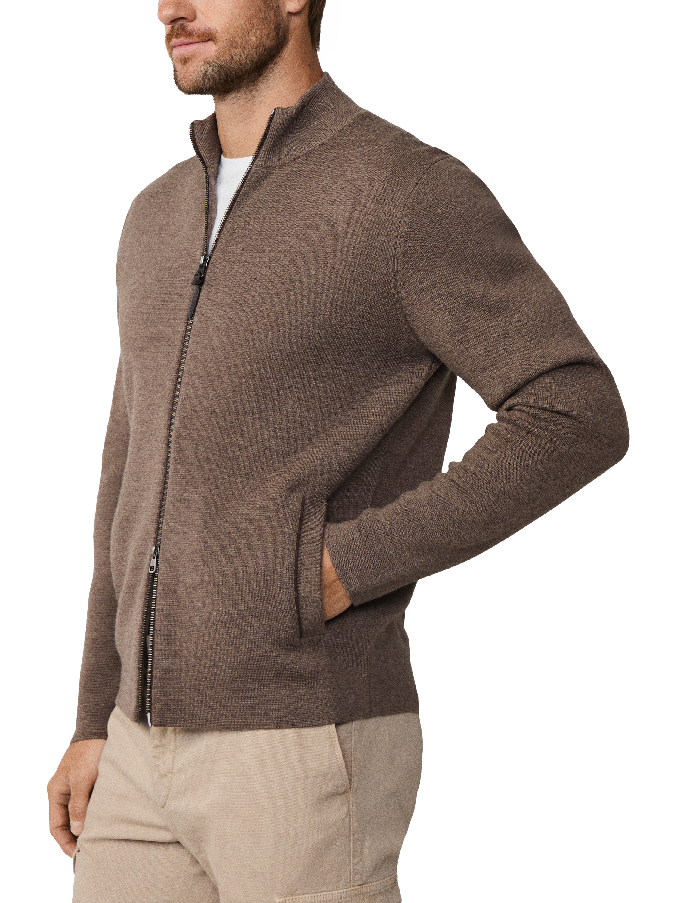 Product image 5 of 5, which shows Hackett London Wool High Neck Zip Jersey Cardigan, Walnut Brown, XXL
