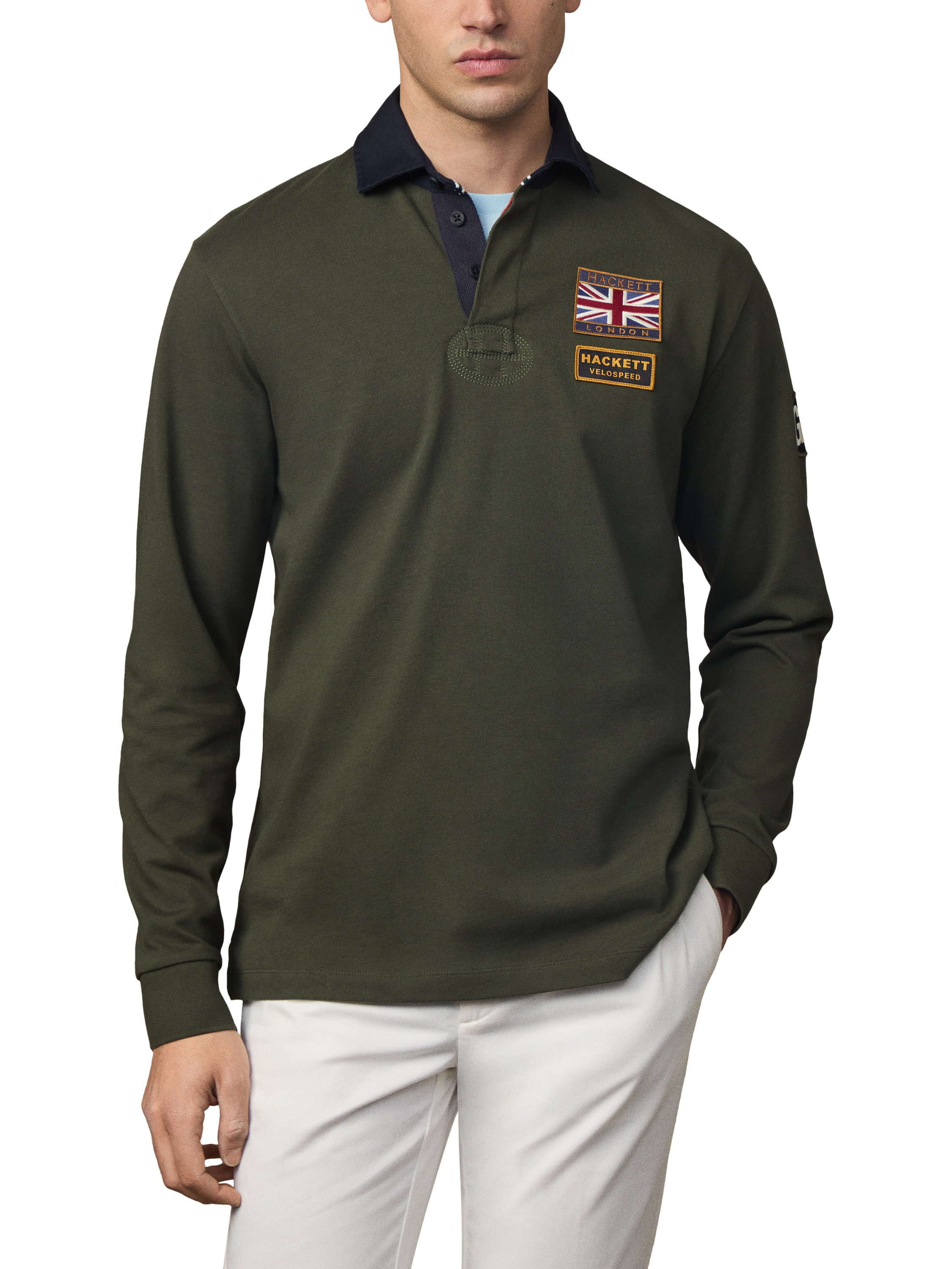 Hackett London Heritage Graphic Print Long Sleeve Cotton Polo Shirt