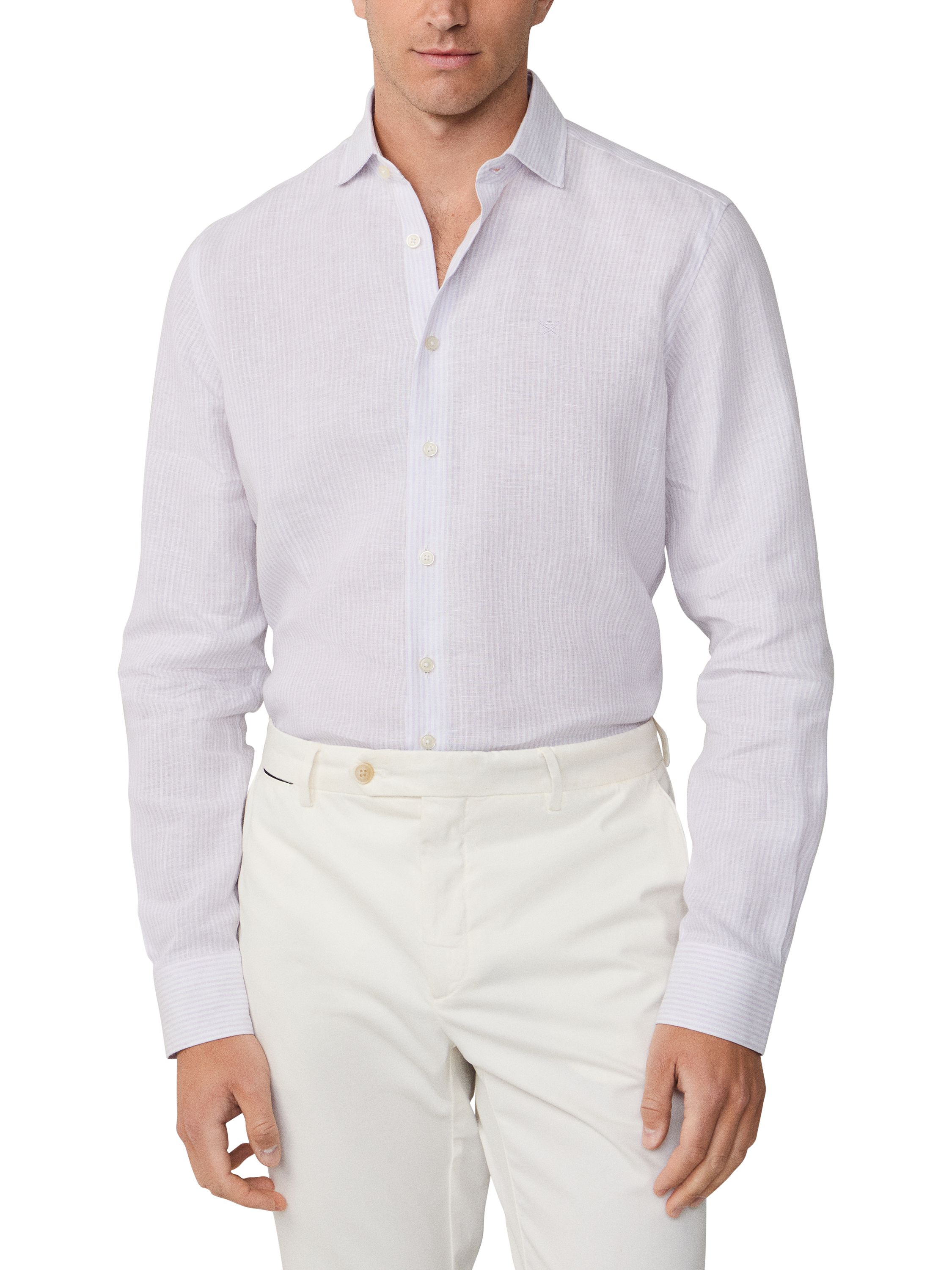 Product image 1 of 5, which shows Hackett London Linen Stripe Long Sleeve Collar Shirt, Lilac, XXL