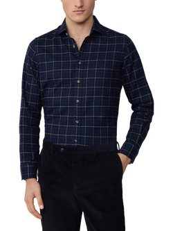 Hackett London Tailored Fit Flannel Tattersall Shirt, Navy, Navy
