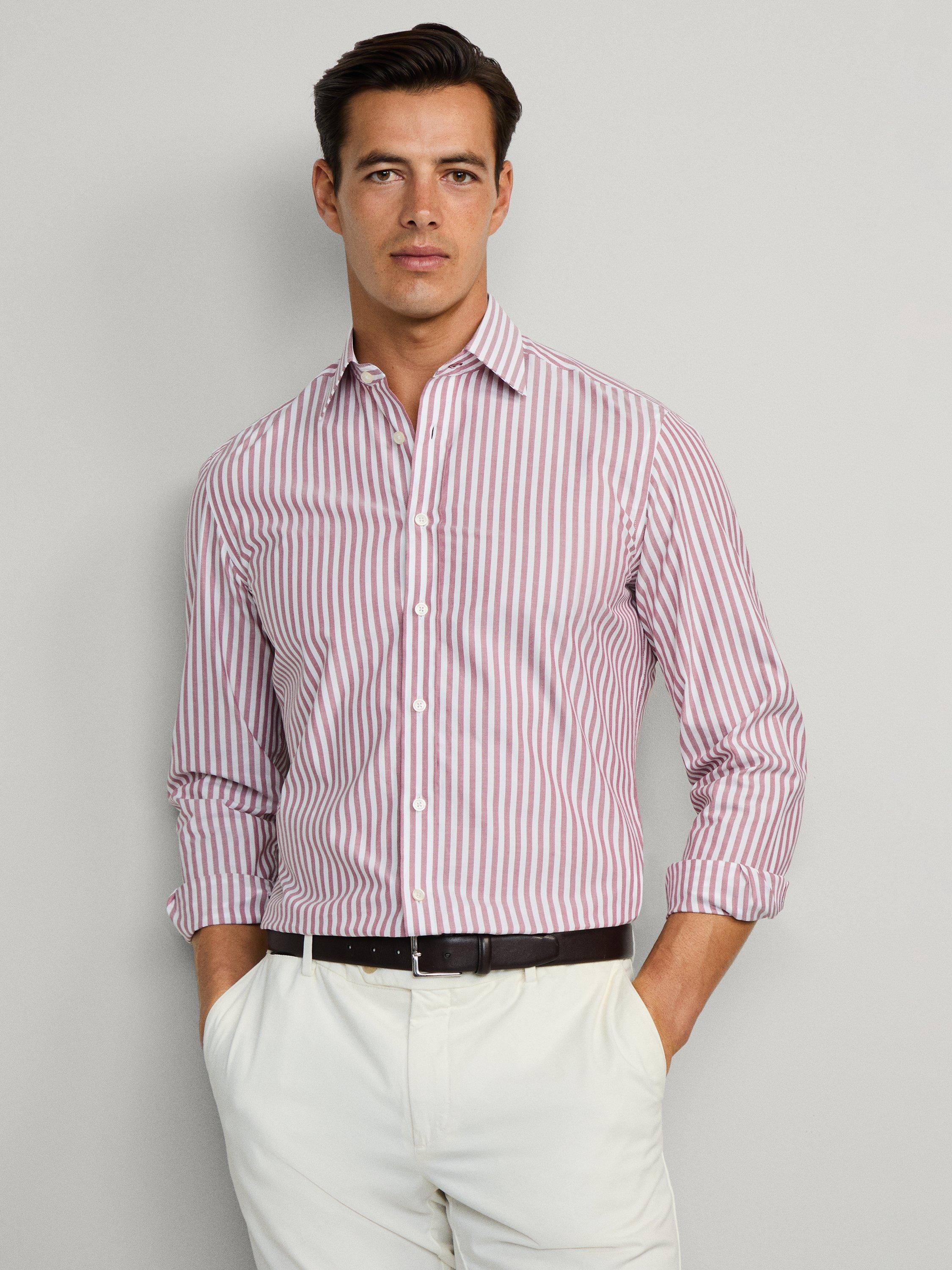 Product image 7 of 7, which shows Hackett London Cotton Stripe Long Sleeve Collar Shirt, Burnt Red, XXL