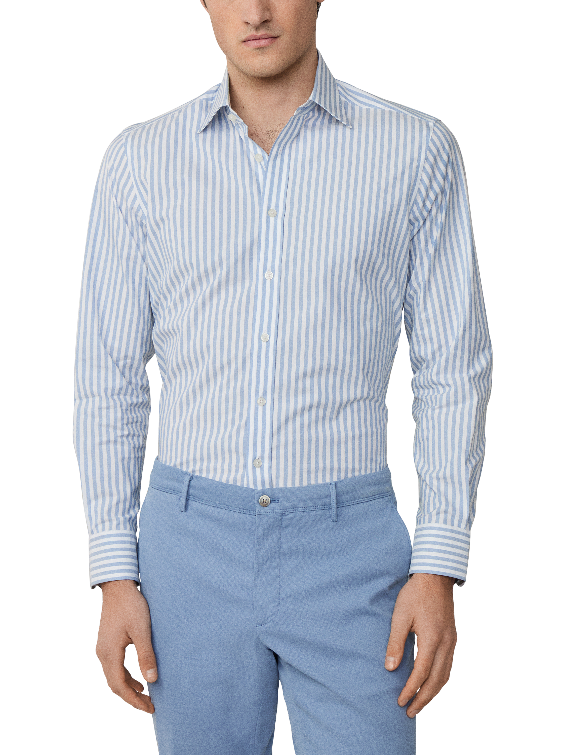 Product image 1 of 6, which shows Hackett London Cotton Stripe Long Sleeve Collar Shirt, Steel Blue, XXL
