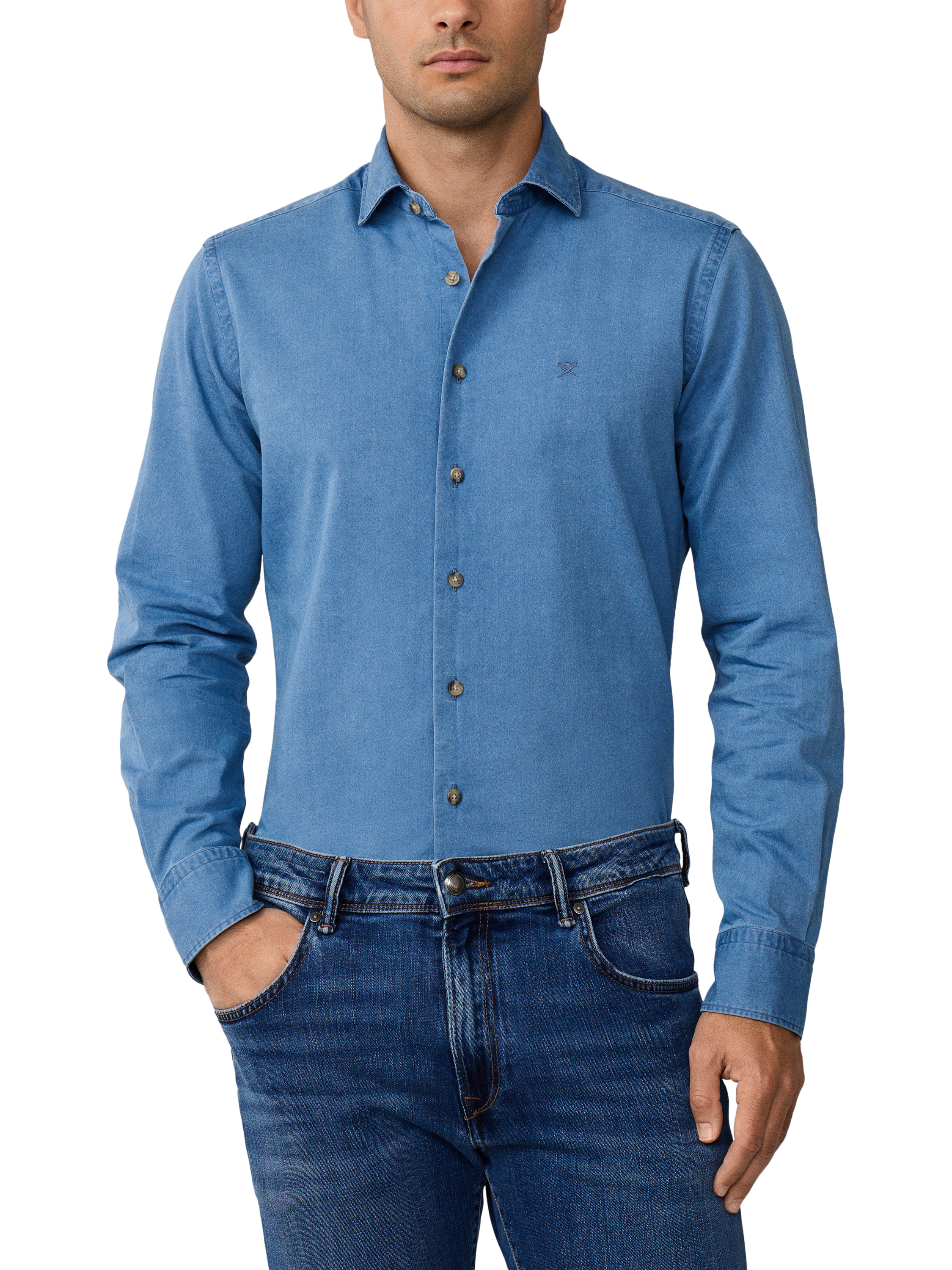 Product image 1 of 7, which shows Hackett London Cotton Long Sleeve Collar Shirt, Denim Blue, L