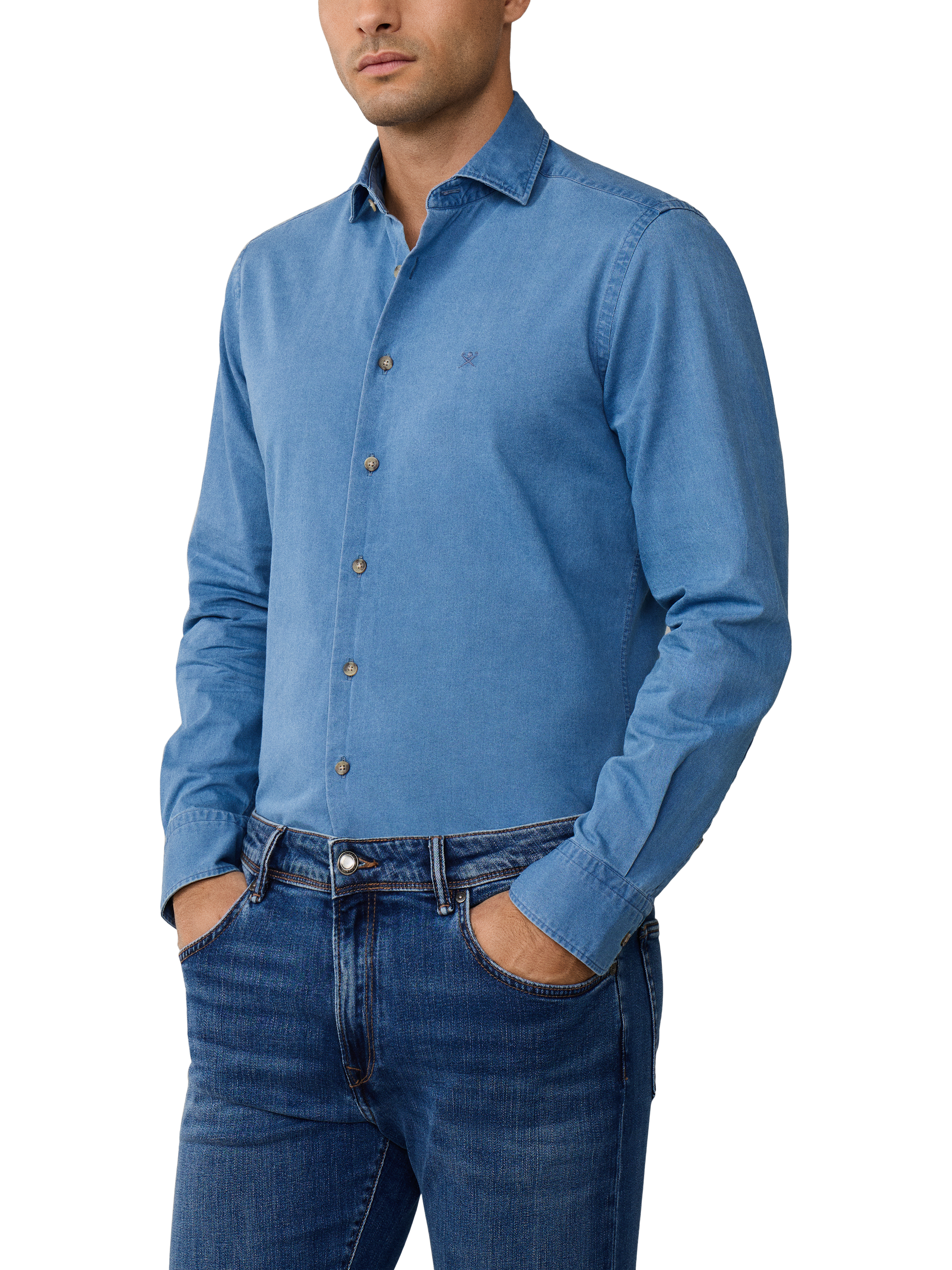 Product image 6 of 7, which shows Hackett London Cotton Long Sleeve Collar Shirt, Denim Blue, L