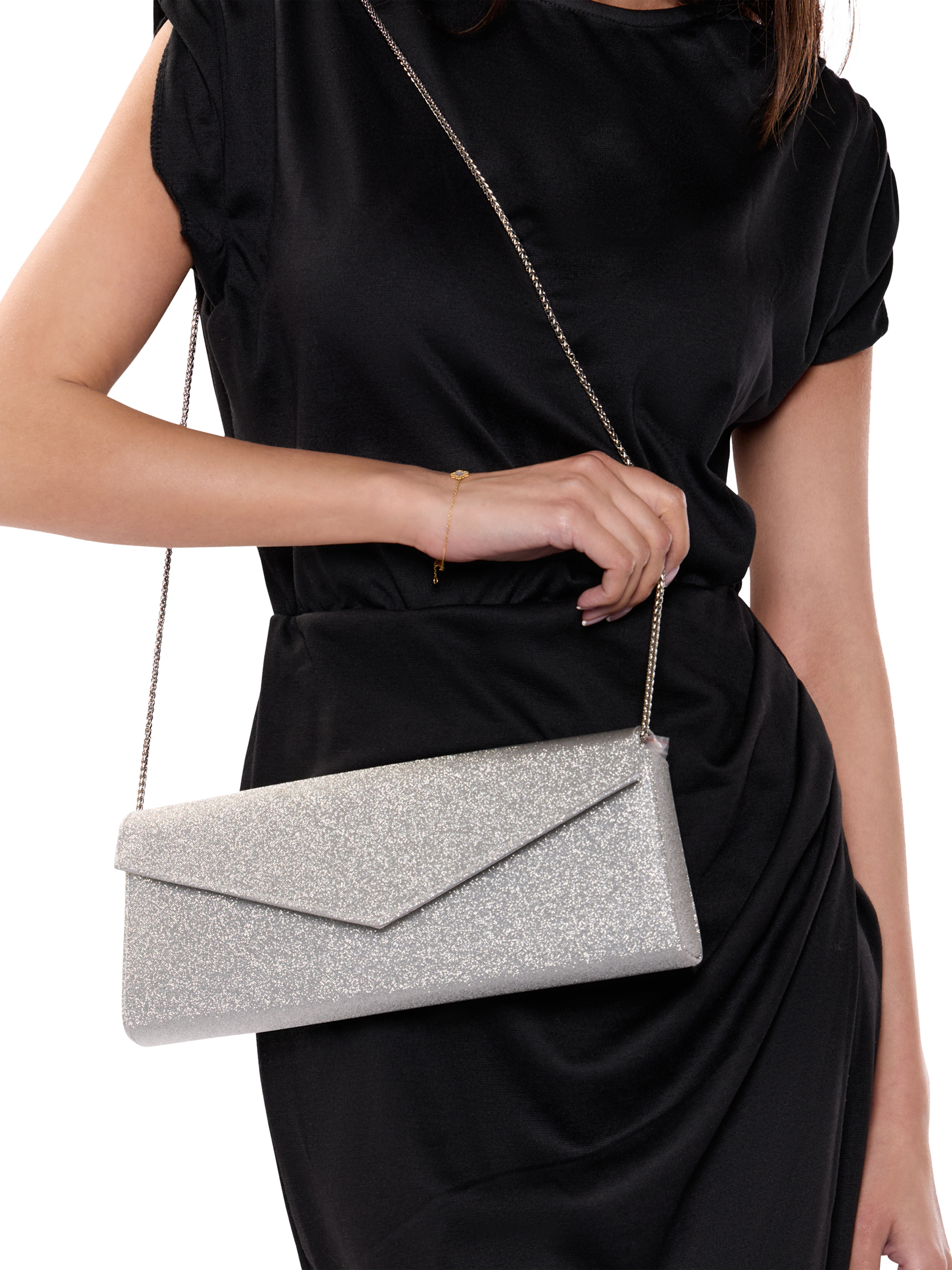 Product image 3 of 5, which shows Paradox London Daryna Glitter Envelope Clutch Bag, Silver