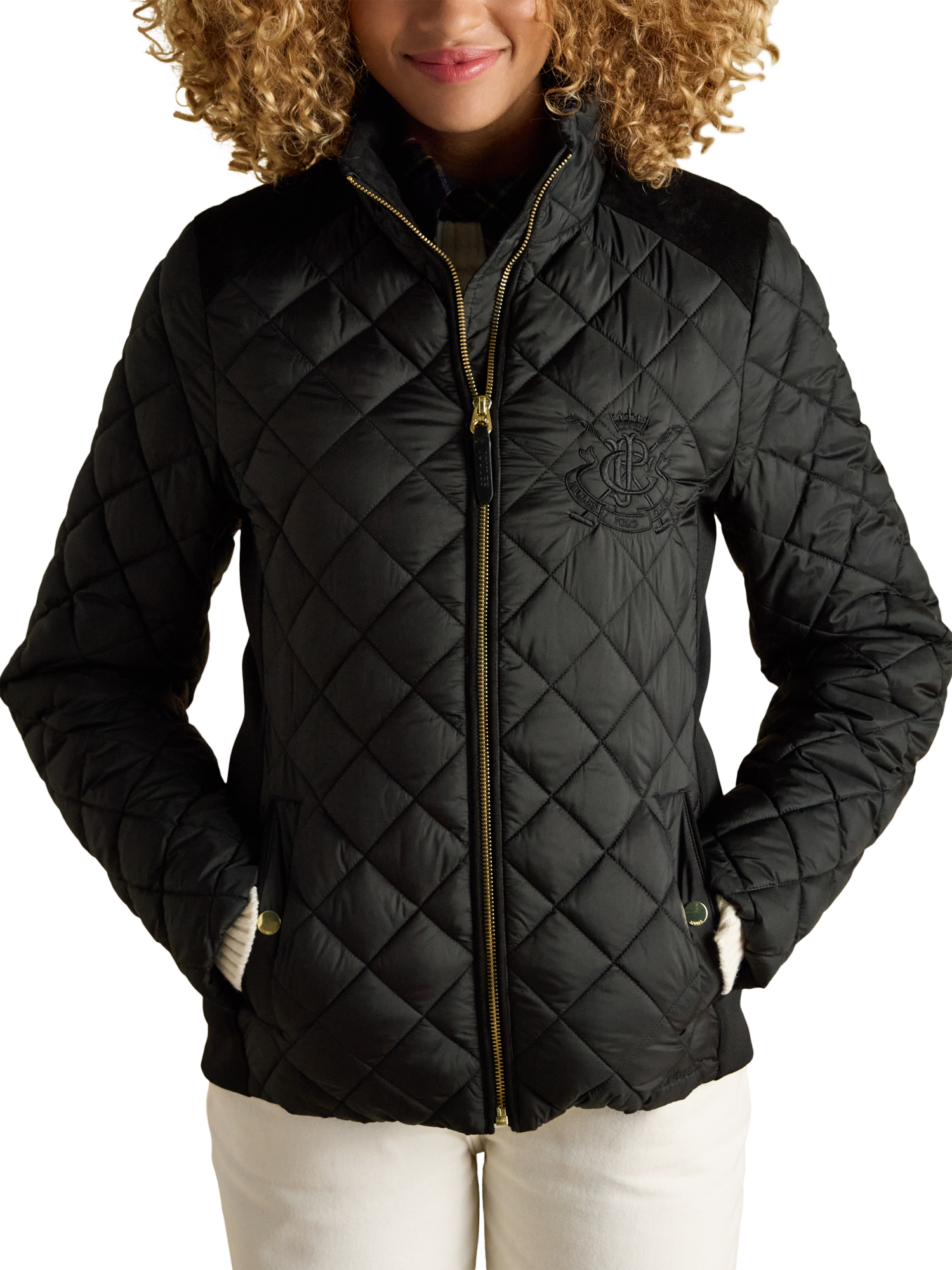 Product image 1 of 10, which shows Joules Funnel Neck Diamond Quilted Coat, Black, 6