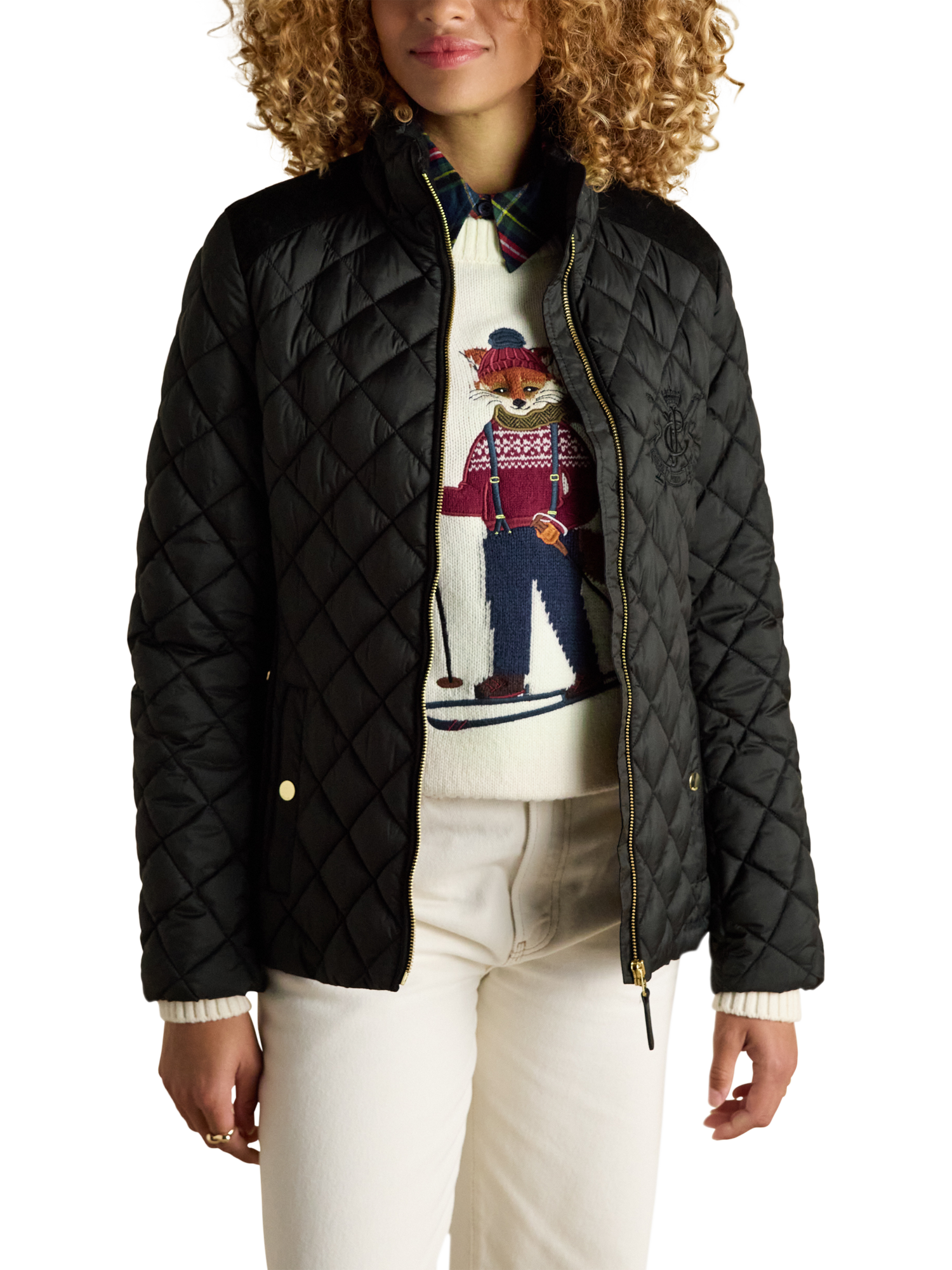 Product image 2 of 10, which shows Joules Funnel Neck Diamond Quilted Coat, Black, 6
