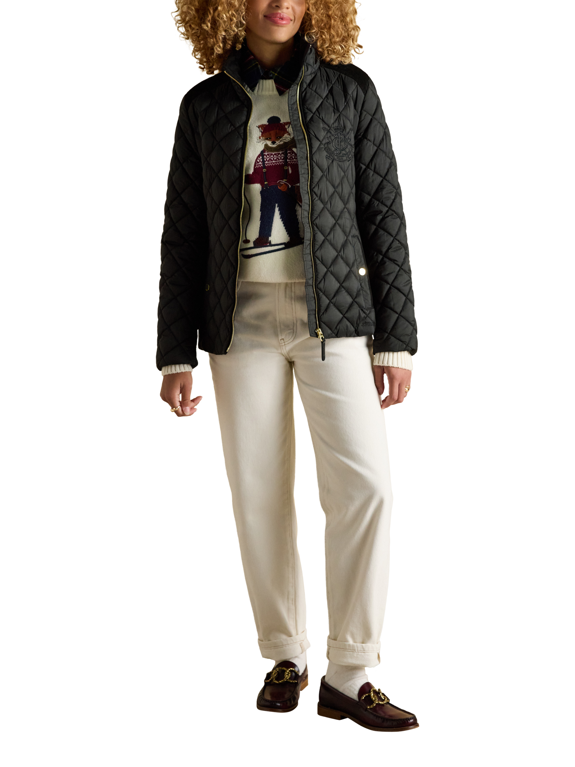 Product image 4 of 10, which shows Joules Funnel Neck Diamond Quilted Coat, Black, 6