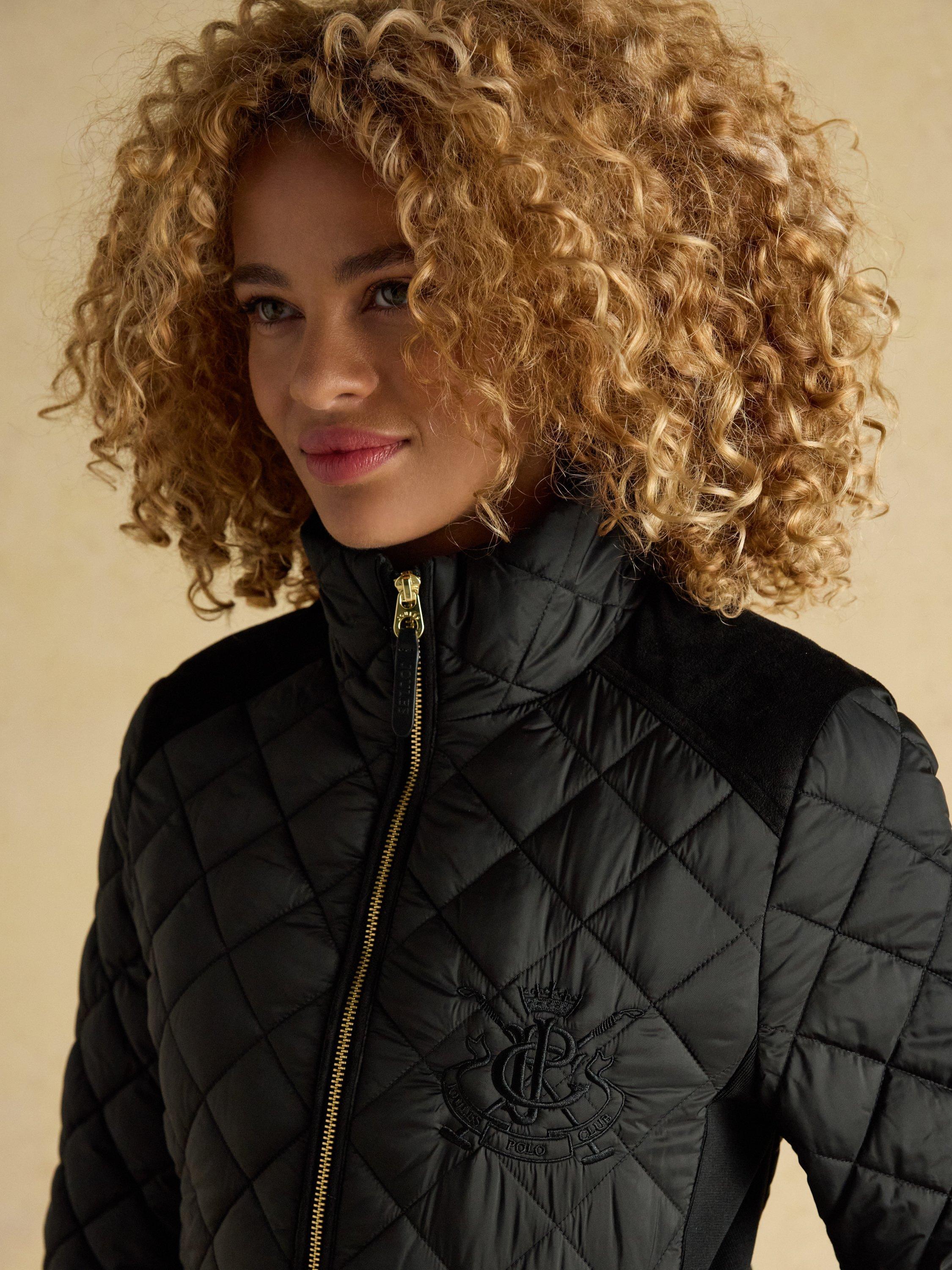 Product image 8 of 10, which shows Joules Funnel Neck Diamond Quilted Coat, Black, 6