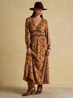 Joules Floral V-Neck Midi Dress, Yellow, Yellow