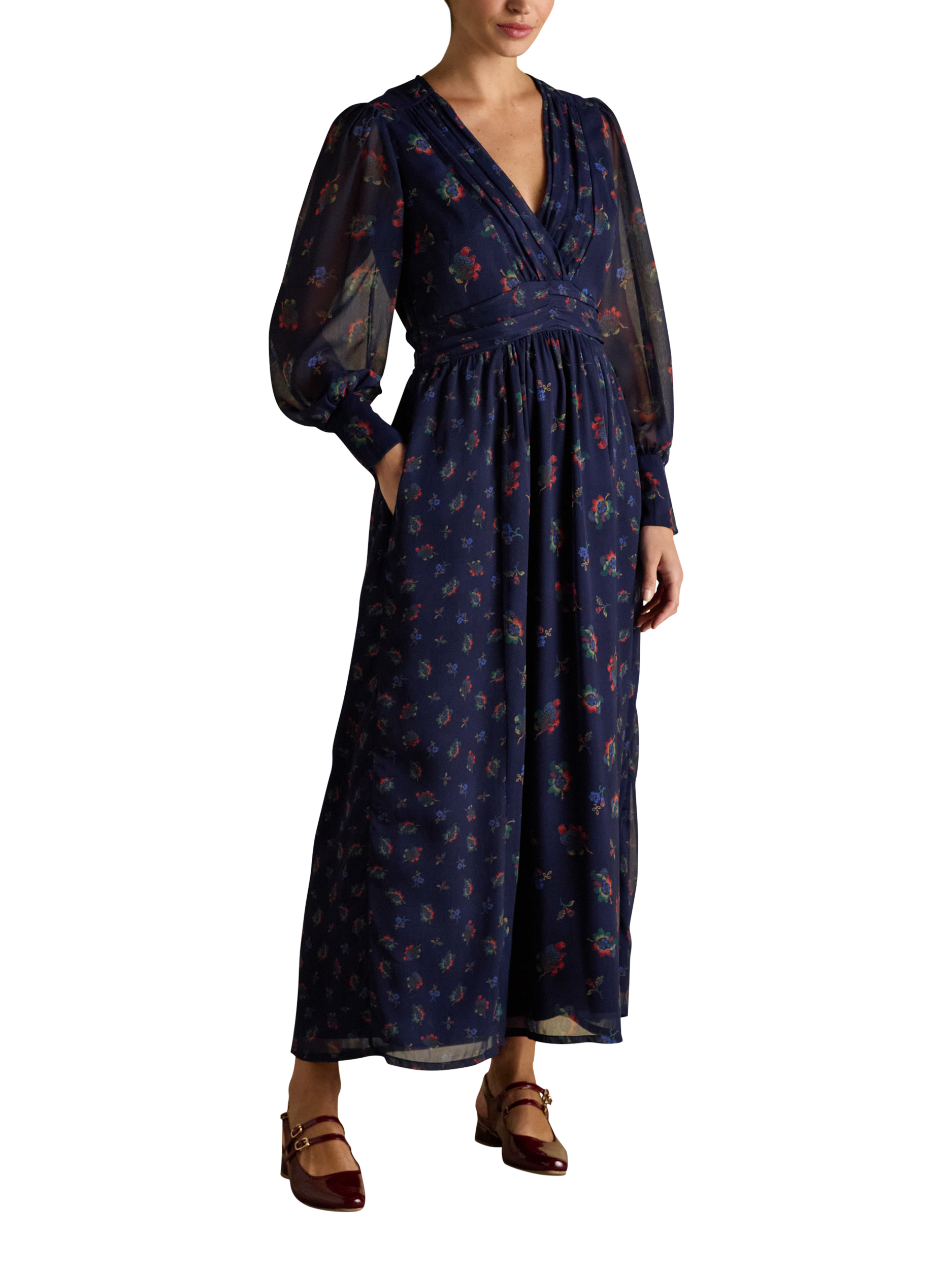 Product image 1 of 9, which shows Joules Hotchpotch Wrap Midi Dress, Navy, 6