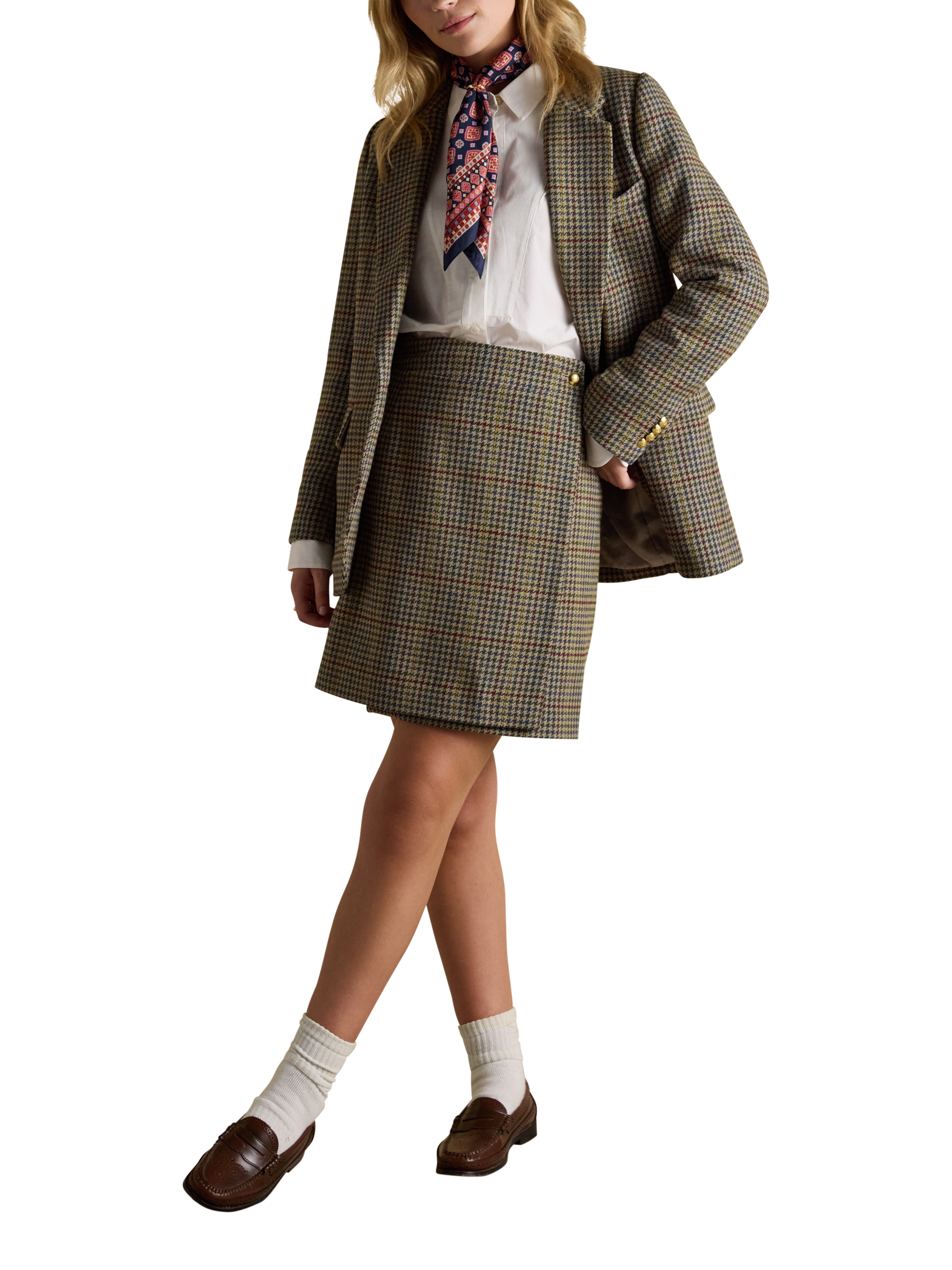 Product image 2 of 7, which shows Joules Wrap Tweed Skirt, Brown/Multi, 8