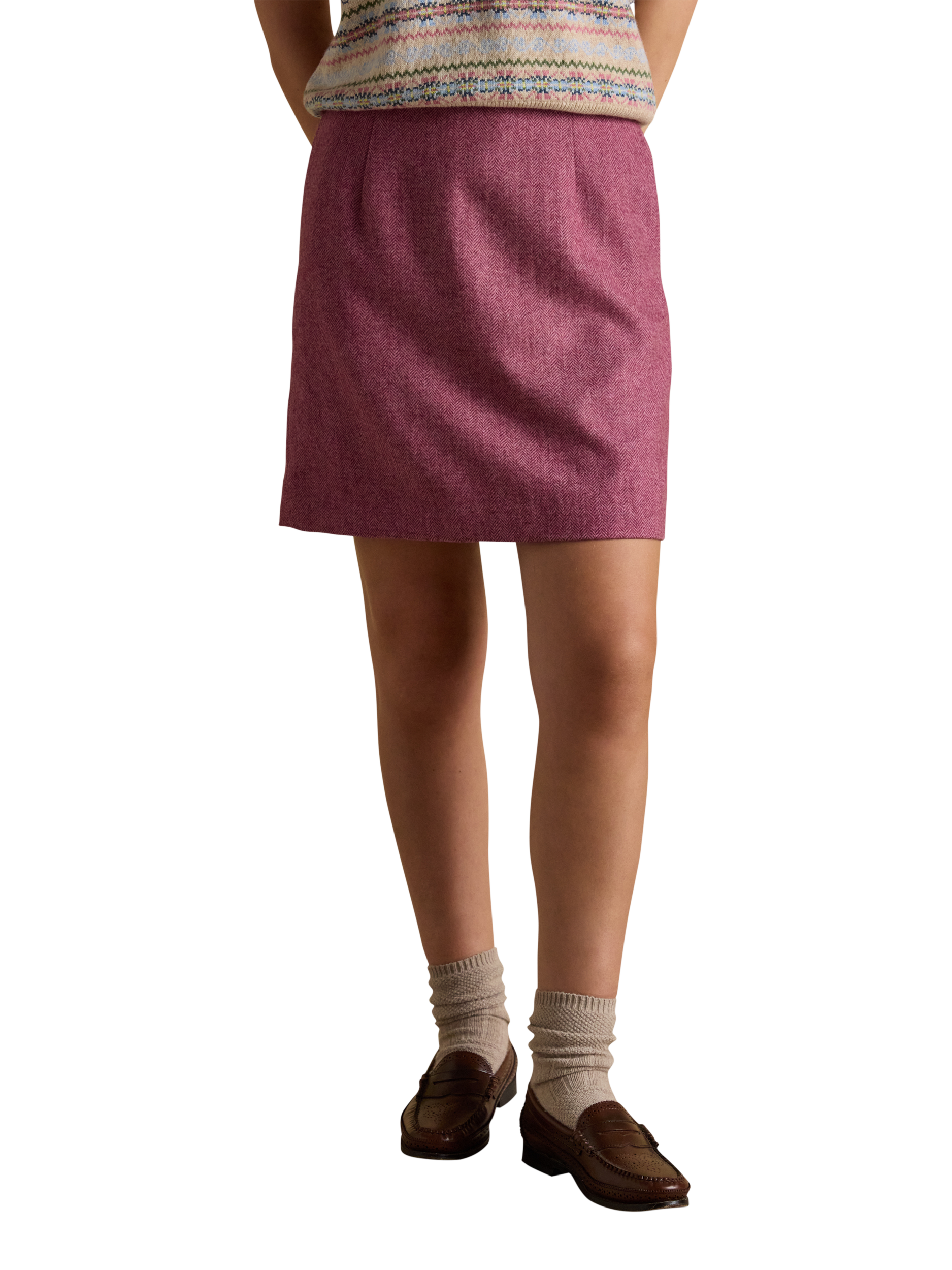 Product image 1 of 8, which shows Joules Wool Blend Tweed Mini Skirt, Pink, 14