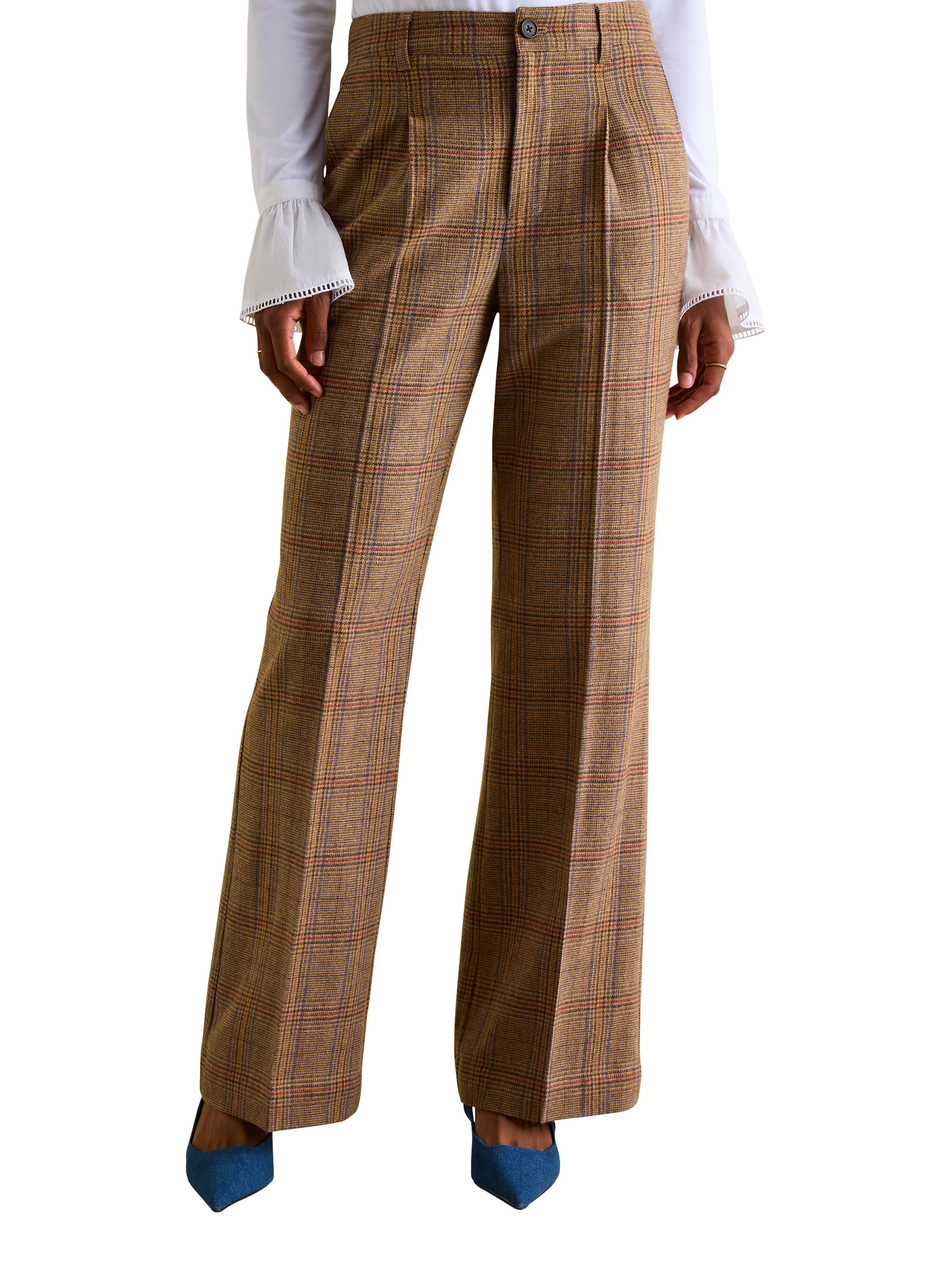 Product image 1 of 7, which shows Joules Wide Leg Tweed Trousers, Brown/Multi, 6