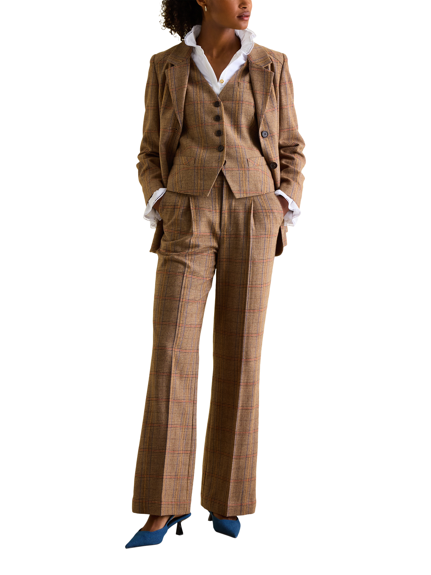 Product image 3 of 7, which shows Joules Wide Leg Tweed Trousers, Brown/Multi, 6