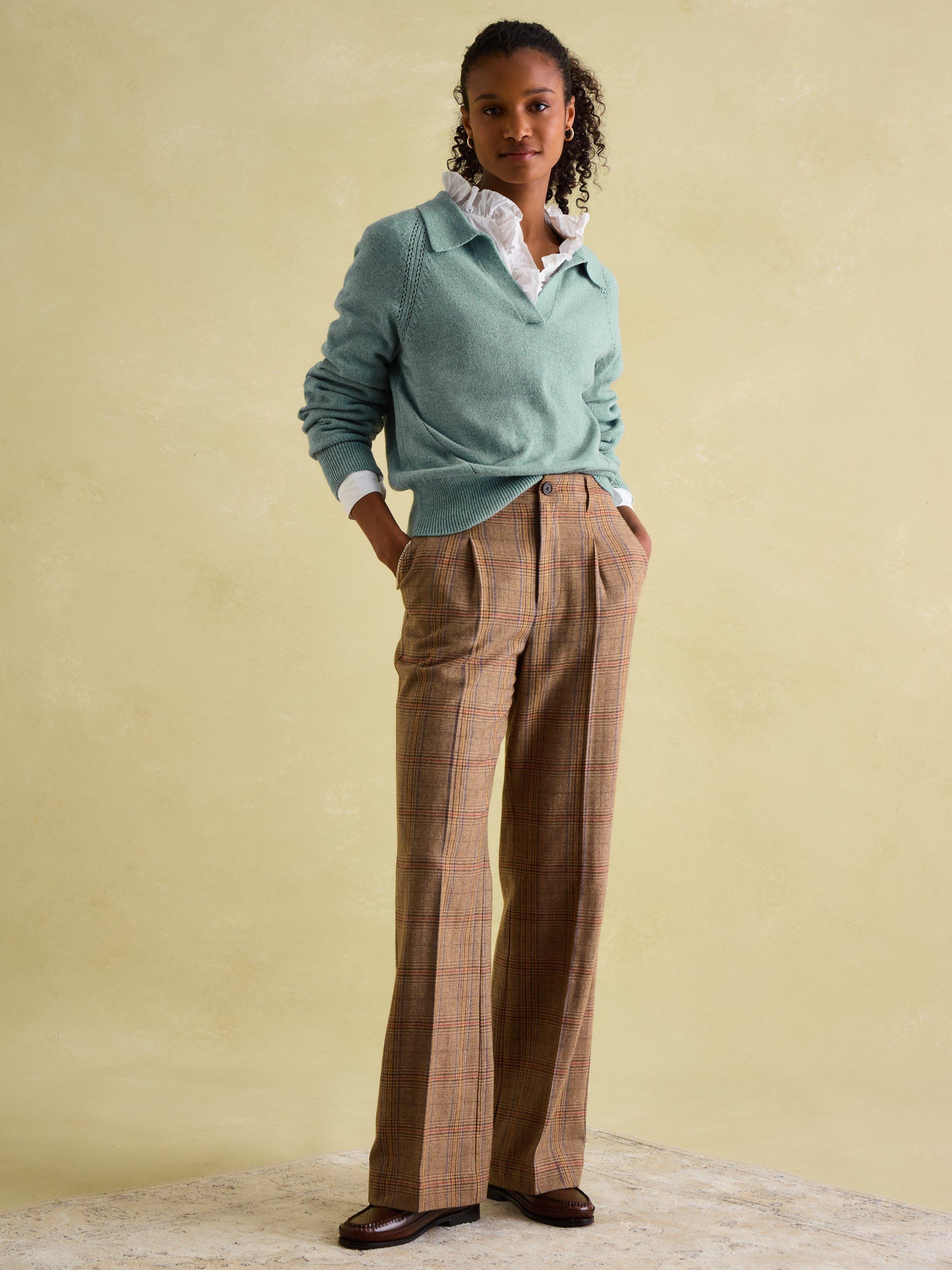 Product image 5 of 7, which shows Joules Wide Leg Tweed Trousers, Brown/Multi, 6