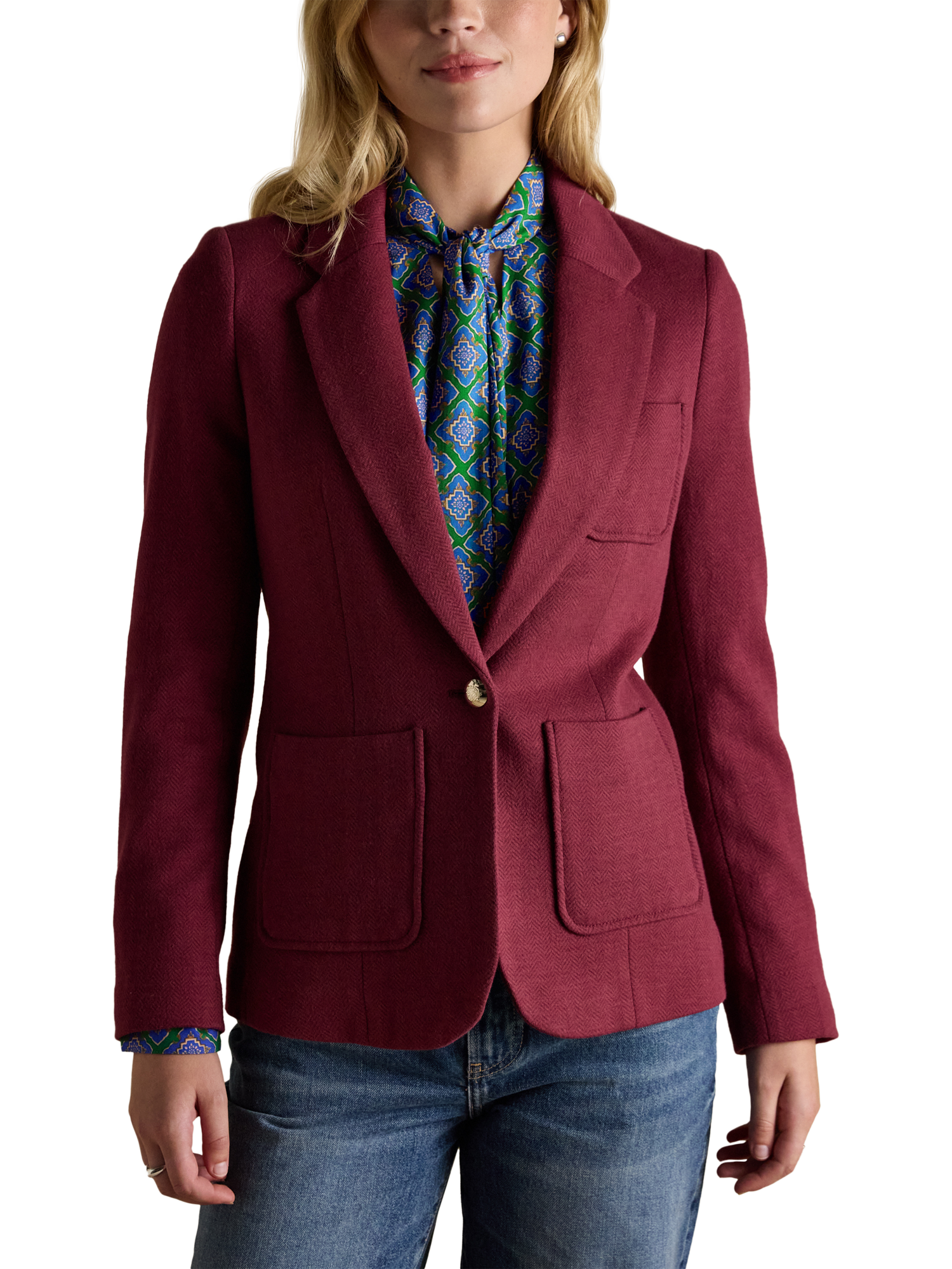 Product image 1 of 5, which shows Joules Textured Single Breasted Blazer, Burgundy, 6