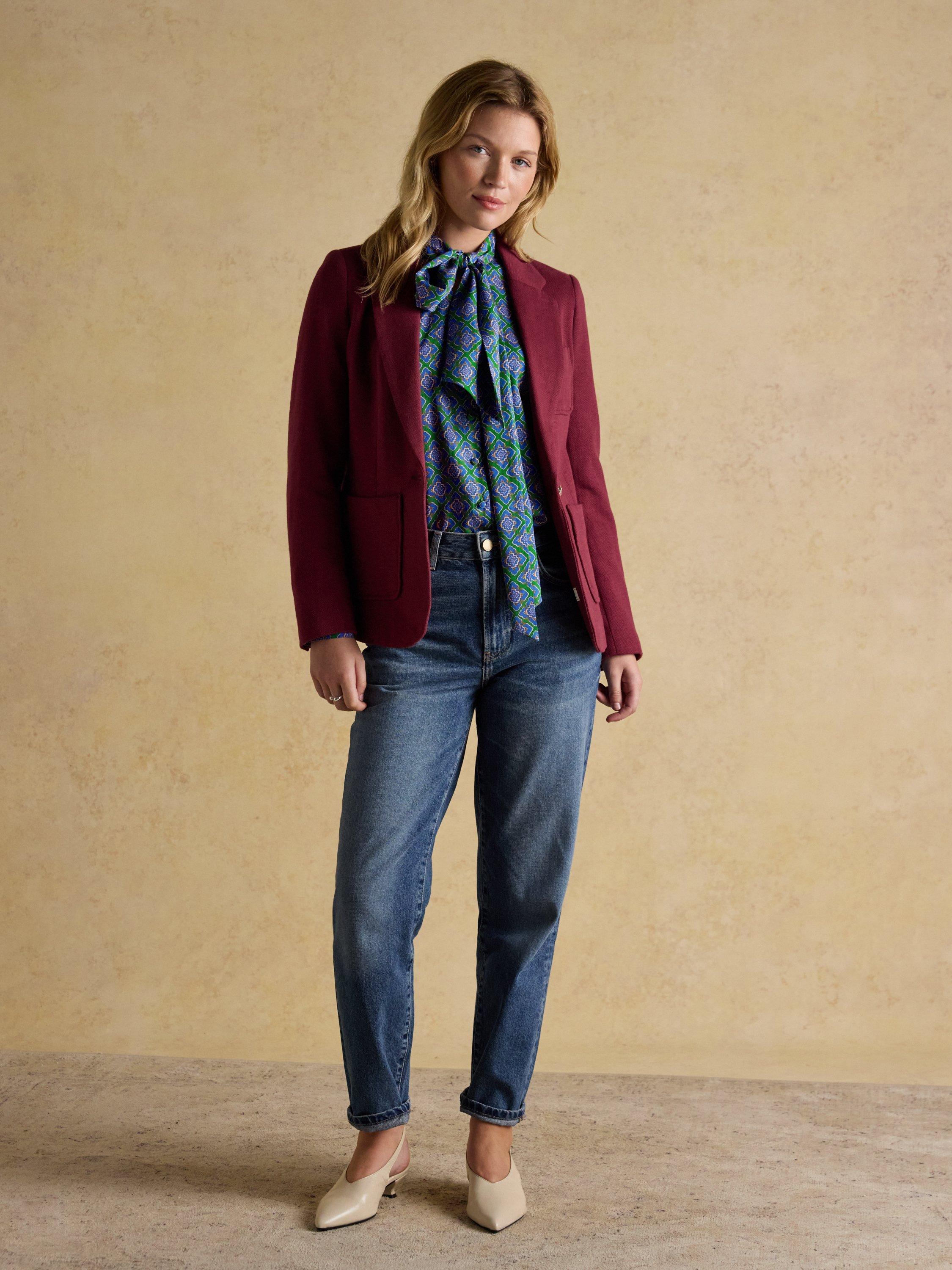 Product image 5 of 5, which shows Joules Textured Single Breasted Blazer, Burgundy, 6