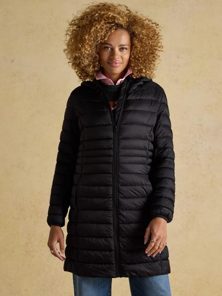 Joules Showerproof Padded Long Coat, Black, Black