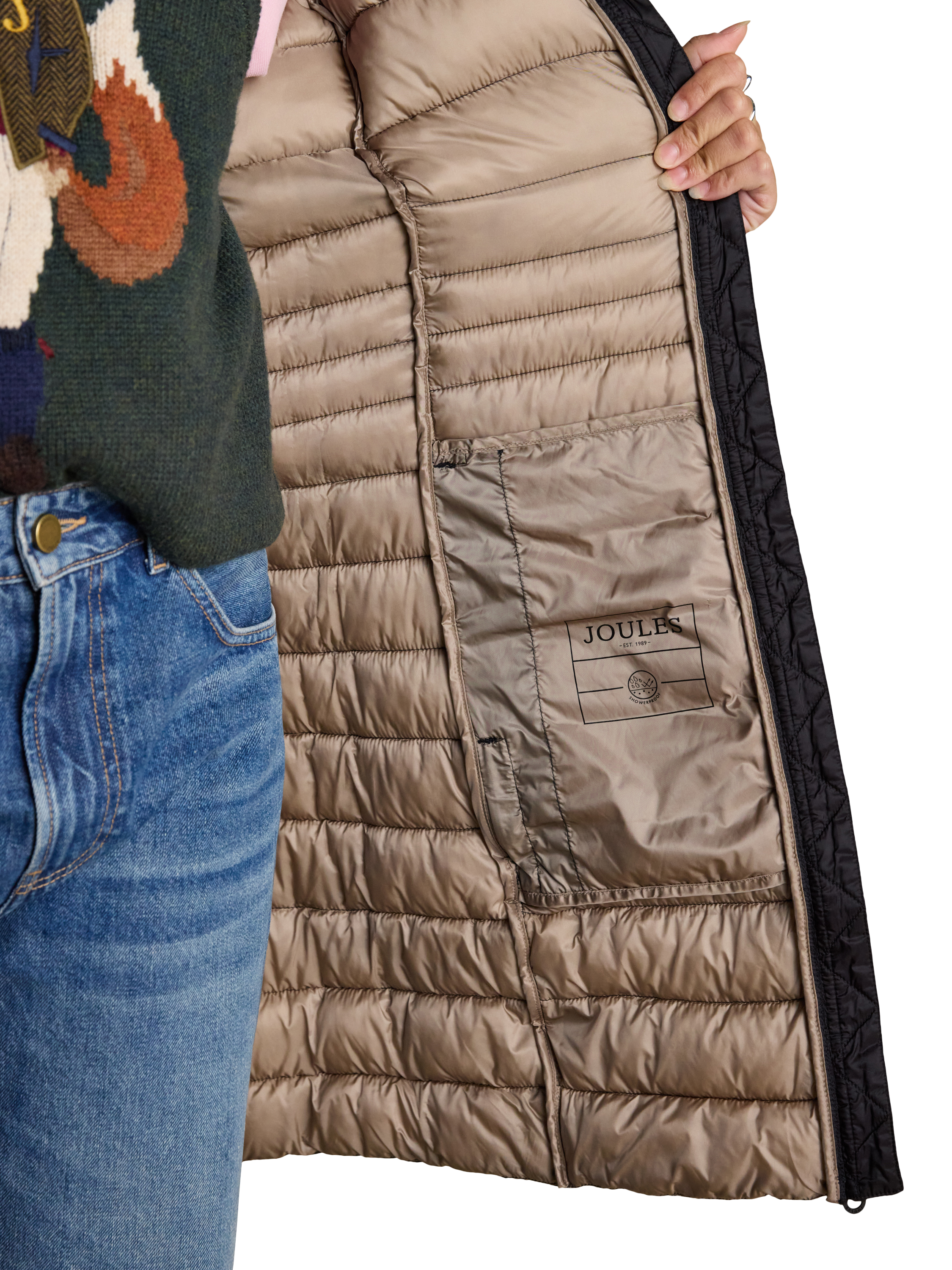 Product image 3 of 7, which shows Joules Showerproof Padded Long Coat, Black, 6