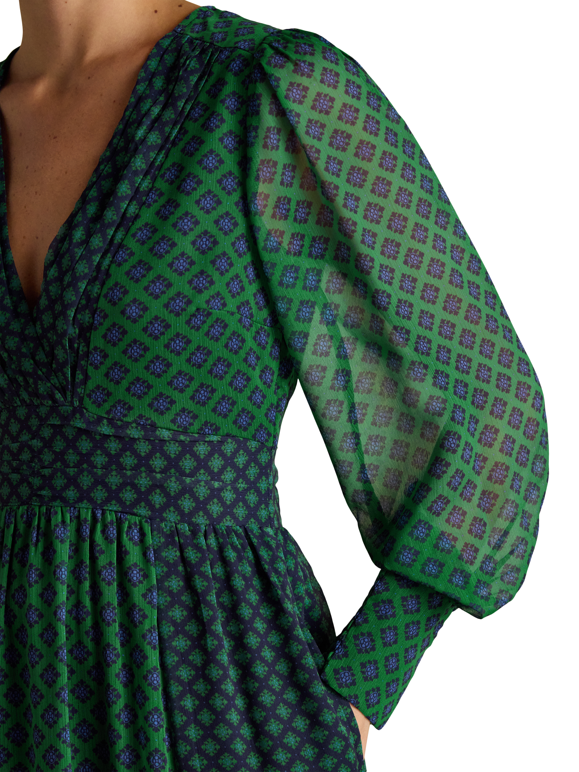 Product image 4 of 8, which shows Joules Ruched Wrap Maxi Dress, Green/Multi, 6