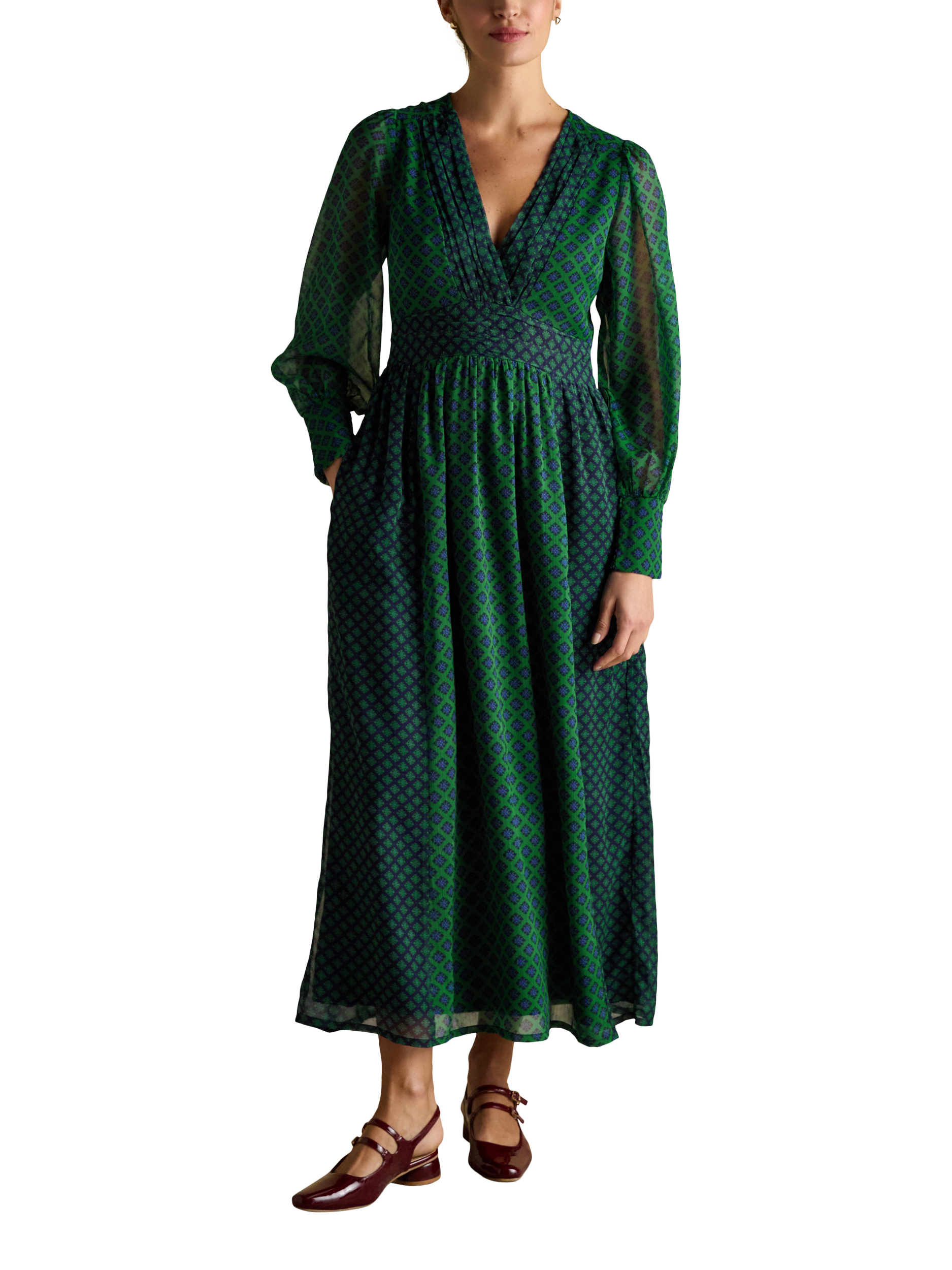 Product image 6 of 8, which shows Joules Ruched Wrap Maxi Dress, Green/Multi, 6