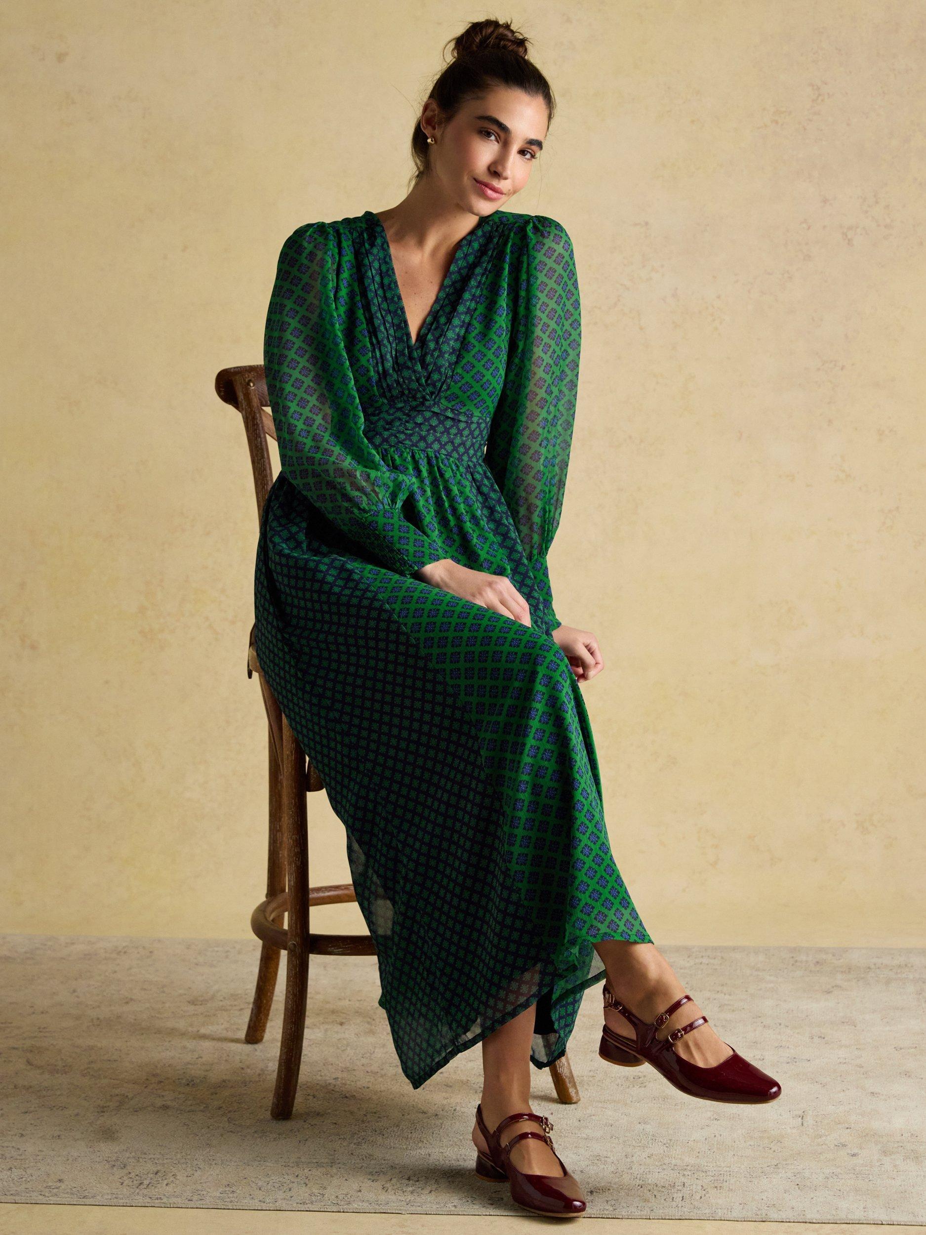Product image 8 of 8, which shows Joules Ruched Wrap Maxi Dress, Green/Multi, 6