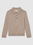 Reiss Kids' Trafford Merino Wool Long Sleeve Polo Shirt, Wheat