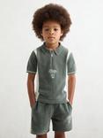 Reiss Kids' Walter Chenille Tipped Motor Cars Polo Shirt, Sage Green/White