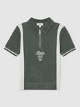 Reiss Kids' Walter Chenille Tipped Motor Cars Polo Shirt, Sage Green/White