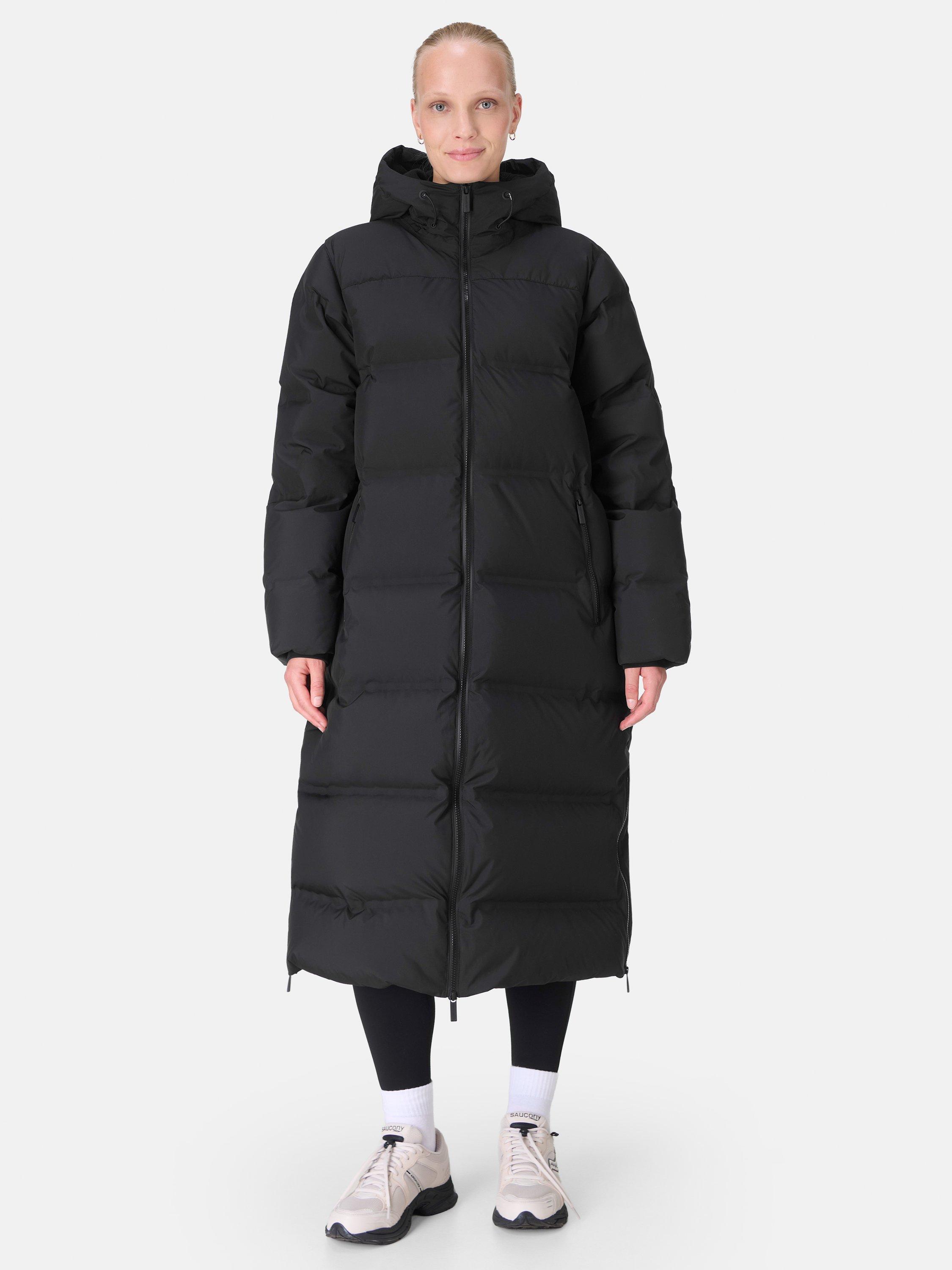 Product image 1 of 8, which shows Sweaty Betty Nimbus Longline Waterproof Puffer Coat, Black, XXS