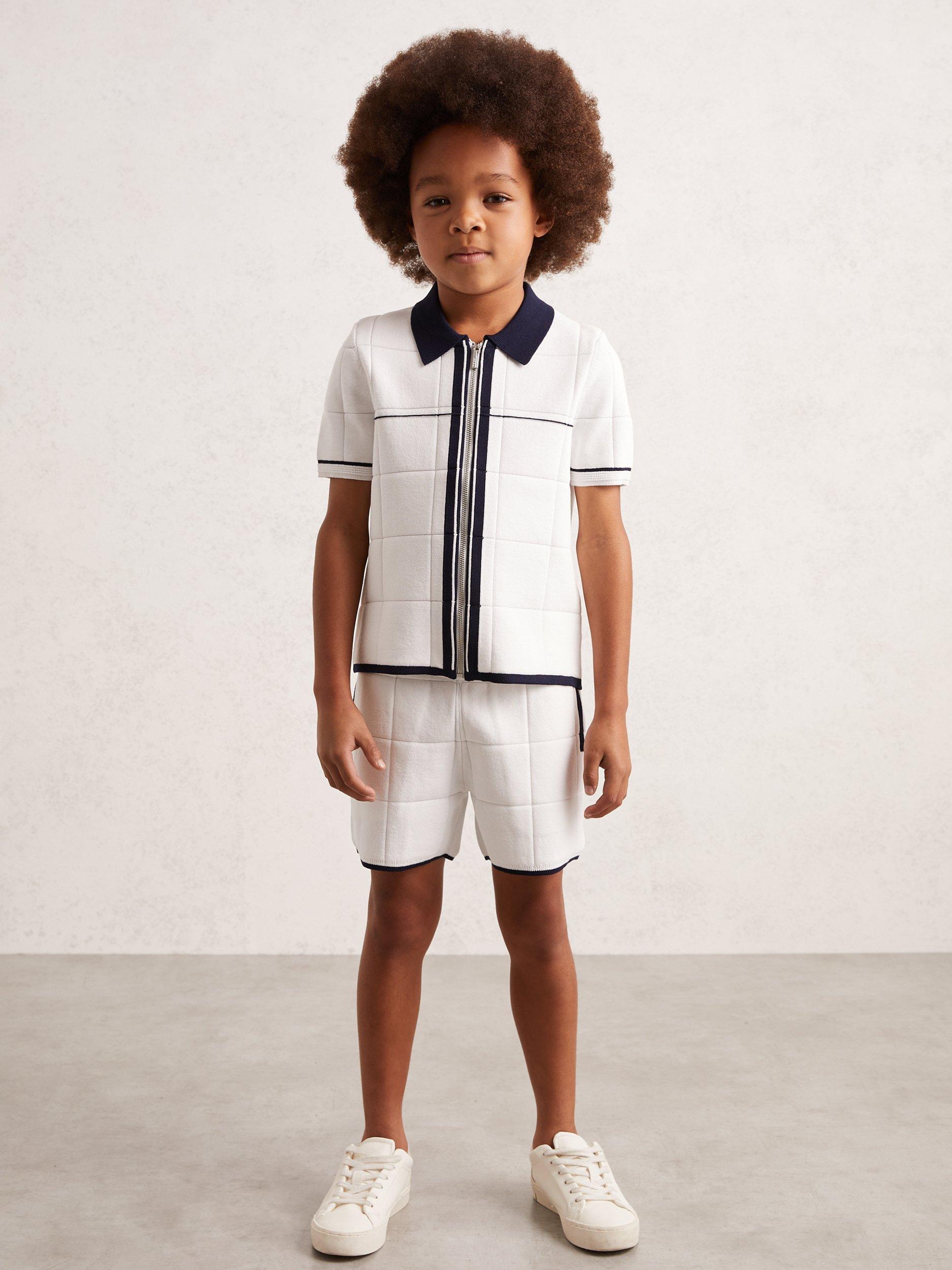 Product image 1 of 4, which shows Reiss Kids' Baxter Zip Through Shirt, White/Navy, 7-8 years