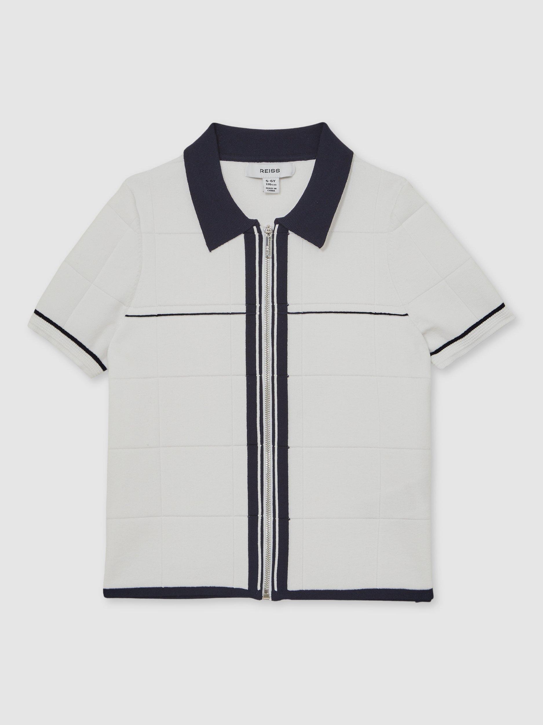 Product image 2 of 4, which shows Reiss Kids' Baxter Zip Through Shirt, White/Navy, 7-8 years