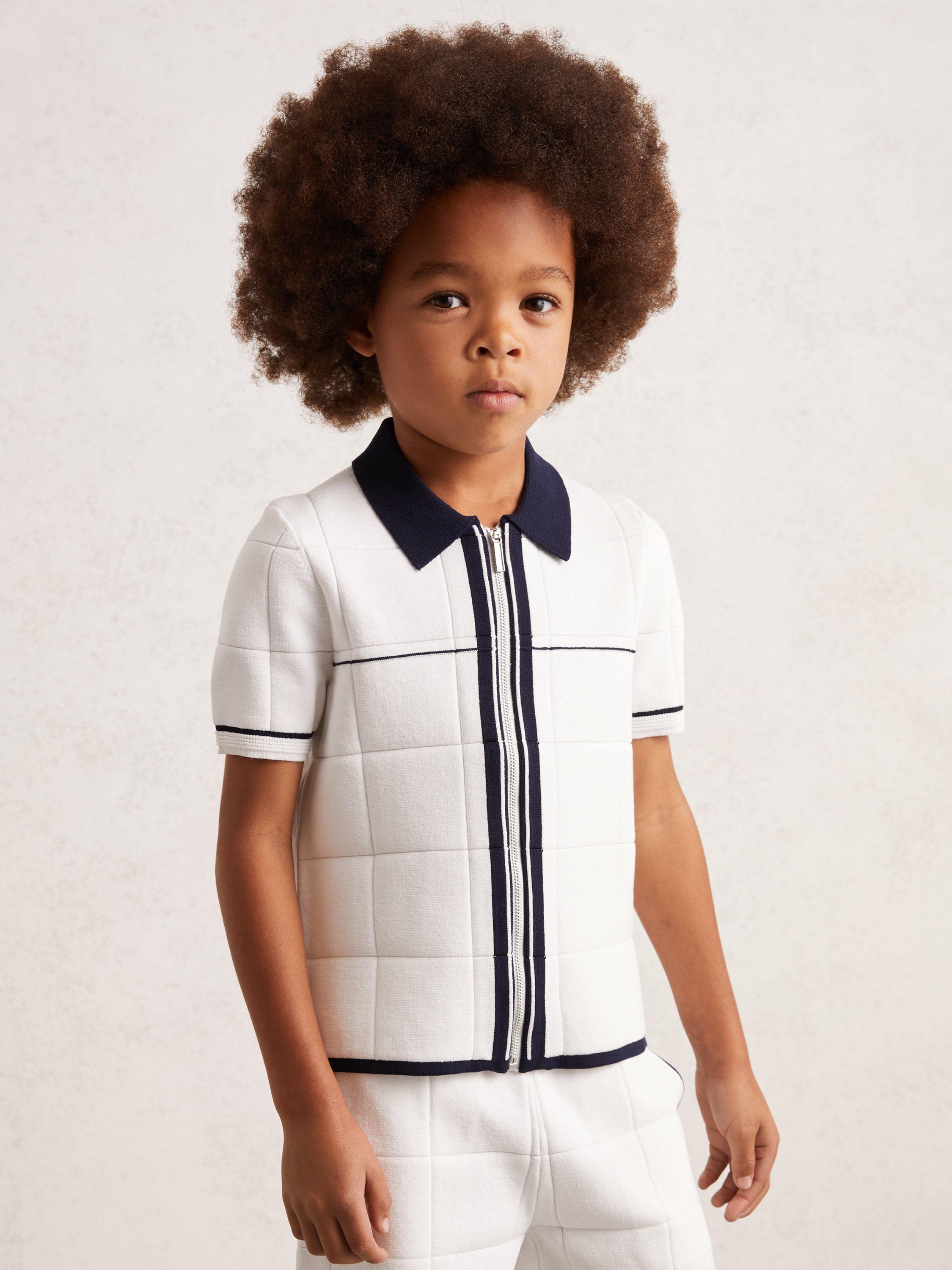 Product image 3 of 4, which shows Reiss Kids' Baxter Zip Through Shirt, White/Navy, 7-8 years