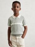 Reiss Kids' Hugo Cotton Stripe Knit Half Zip Polo Shirt, Sage Green/Off White