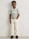 Reiss Kids' Hugo Cotton Stripe Knit Half Zip Polo Shirt, Sage Green/Off White