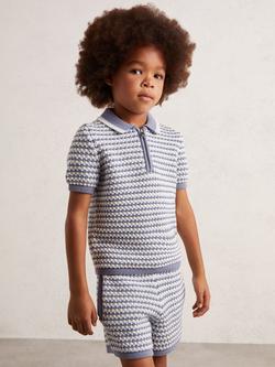 Reiss Kids' Keaton Short Sleeve Cotton Blend Knit Stripe Half Zip Polo Shirt, Blue/White, Blue/White