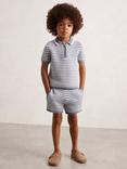 Reiss Kids' Keaton Short Sleeve Cotton Blend Knit Stripe Half Zip Polo Shirt, Blue/White