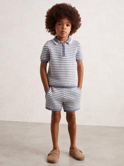 Reiss Kids' Keaton Short Sleeve Cotton Blend Knit Stripe Half Zip Polo Shirt, Blue/White - view 2, Blue/White